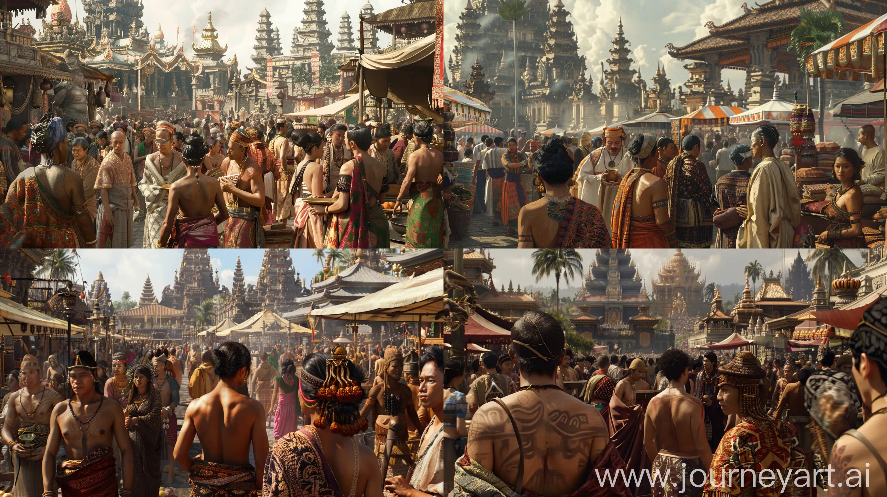A very detailed and super realistic representation of the 16th century Indonesian Sunda Kingdom, especially the Pajajaran Sultanate. This scene is set in a busy market filled with people wearing traditional clothing without shirts, intricate patterns. The backdrop features majestic palaces and towering temple structures, decorated with ornate carvings and decorations., super realistic, nice detail, --v 6 --ar 16:9