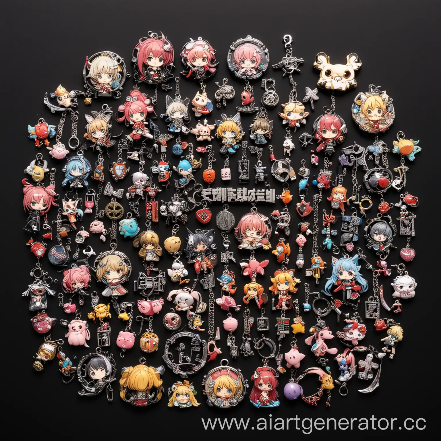 Anime-Accessories-and-Charms-Displayed-on-Elegant-Black-Background