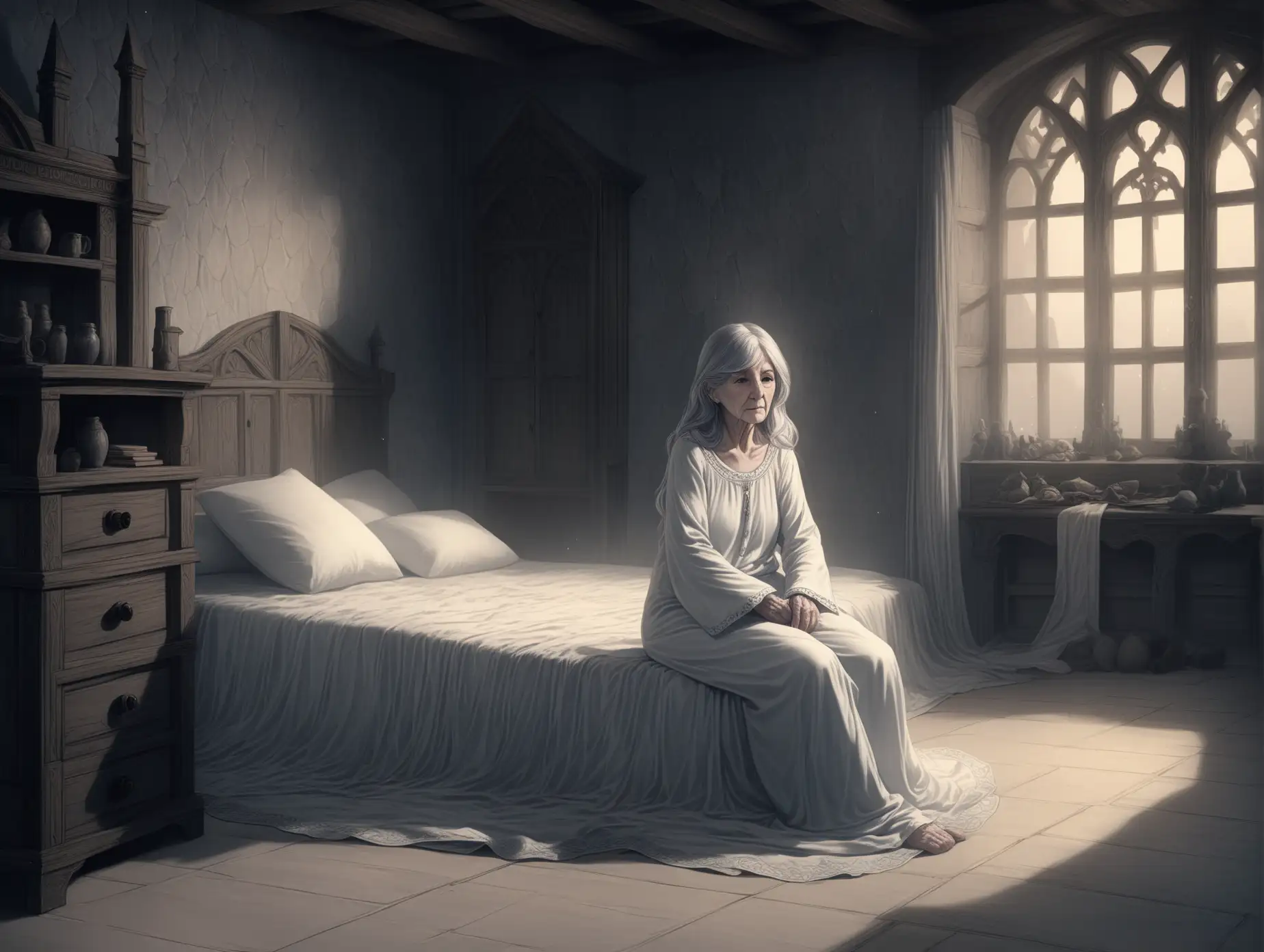 Умирающая старая бабушка сидящая на полу у постели в комнате старого дома в средневековом стиле, седые волосы, 60 лет, в белой пижаме, стиль Фэнтэзи , Charlie Bowater, пастель, аниме, общий план