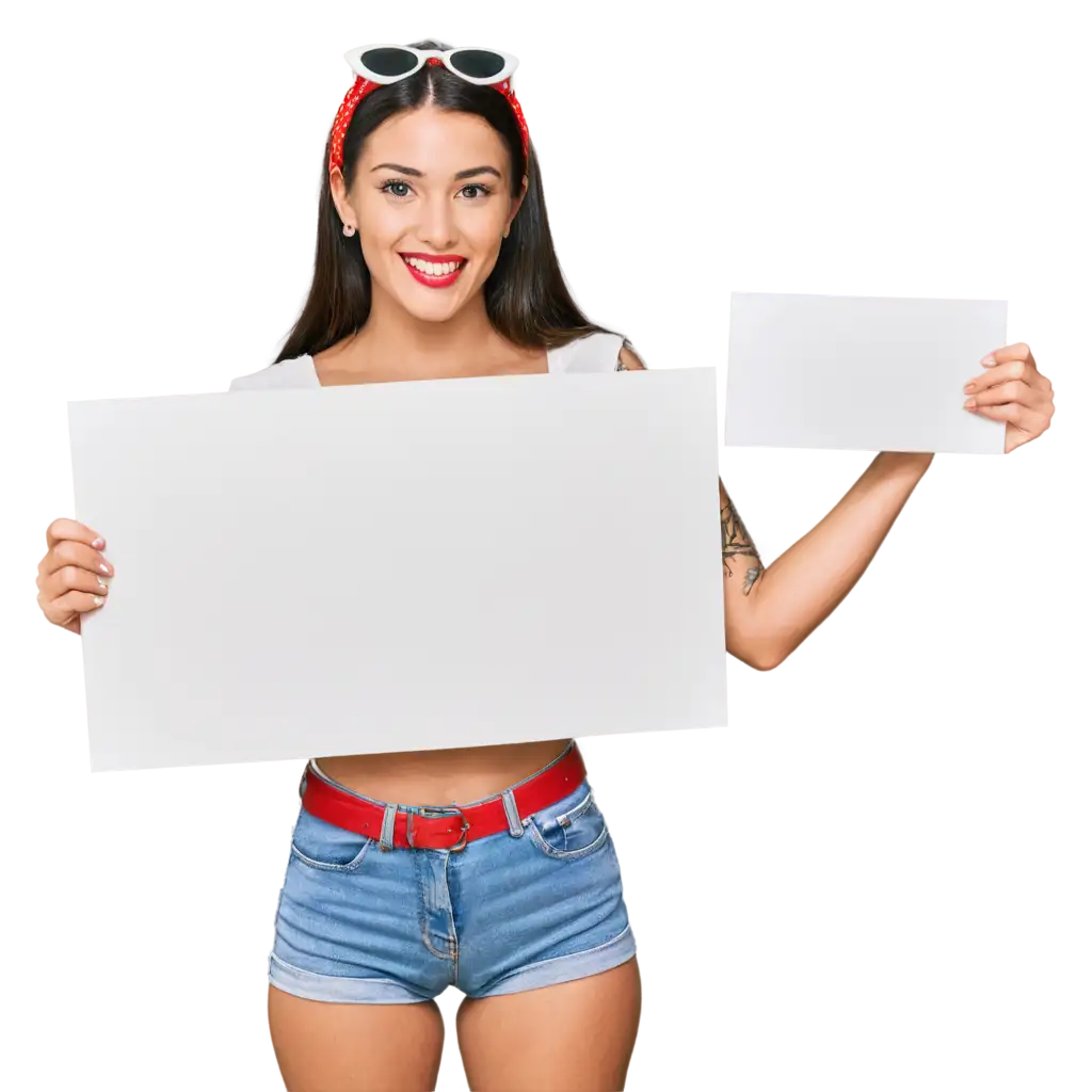 Rockabilly-Styling-PNG-Image-of-a-Beautiful-Girl-Holding-a-White-Card-with-Joy