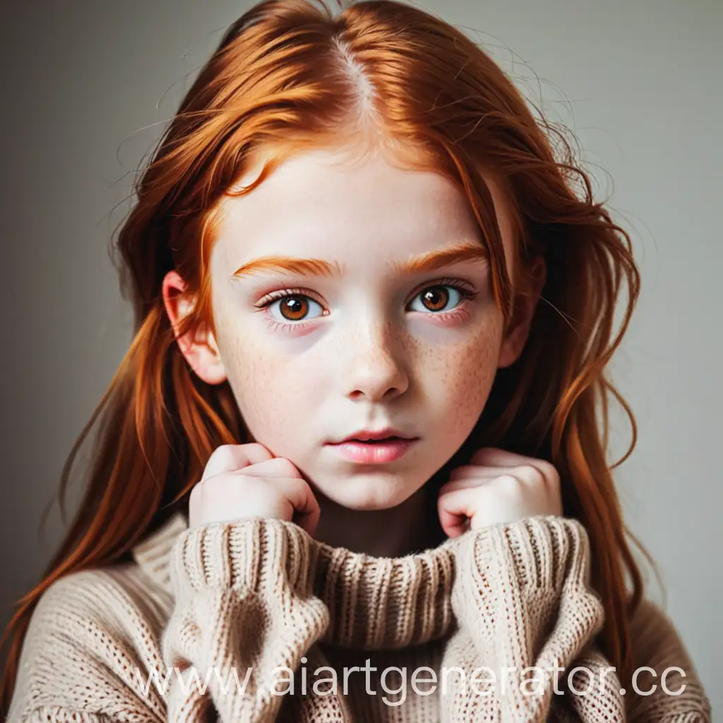 Girl, teenager, cute, ginger,with brown eyes, in sweater