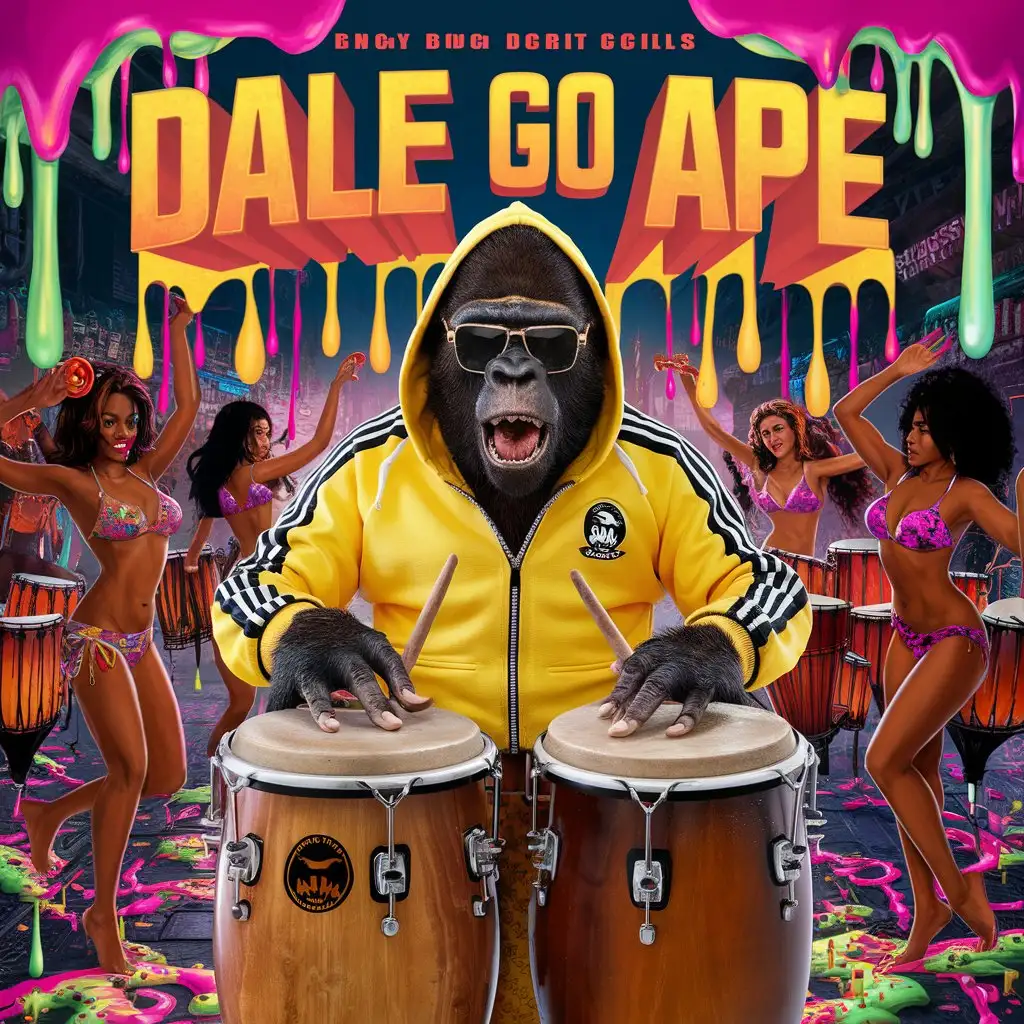 the words "DALE GO APE" in a background in a BOLD mad max font style and colorful drippy slime with bright neon  colors and conga drums. gorilla wearing sunglasses and yellow tracksuit with hoodie. Gorila is PLAYING THE CONGAS surrounded BY Sexy black grils in bikinis around hIM.