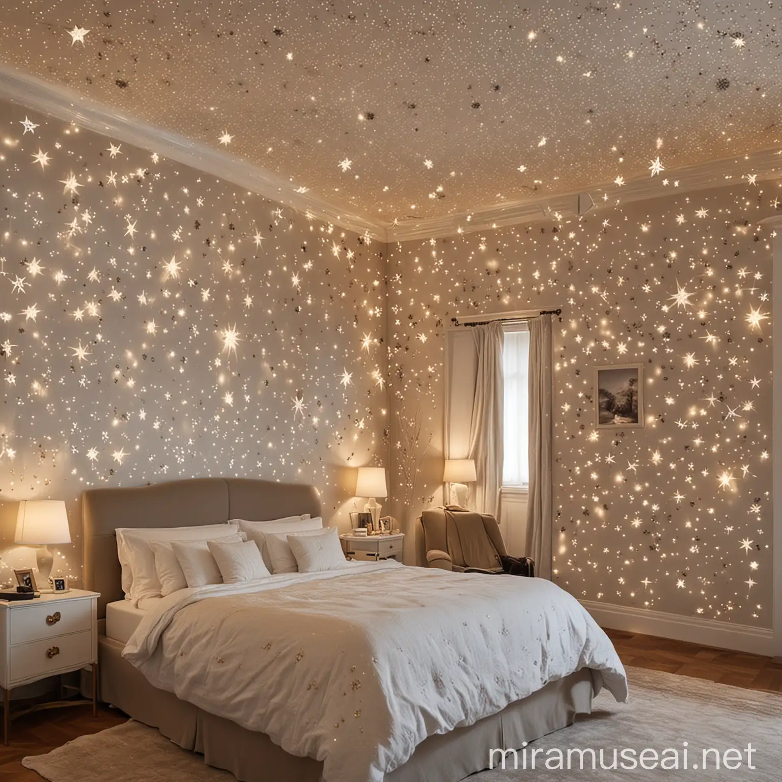 A bedroom with walls made of

 shimmering stars