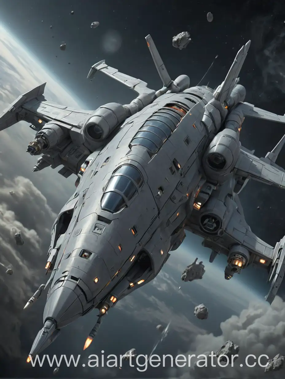 Aerodynamic-Grey-Spaceship-Fighting-Pirates-in-Deep-Space