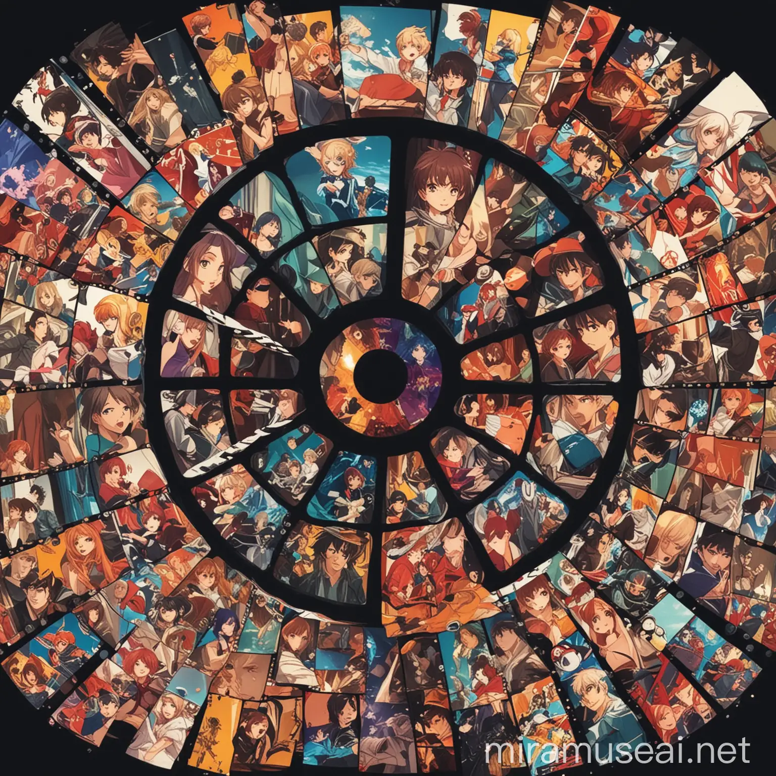 Design a thumbnail featuring iconic scenes from popular movies and anime series.Create a collage of colorful film reels interlaced with anime characters.Craft an image showcasing a montage of action-packed movie moments and emotional anime scenes.