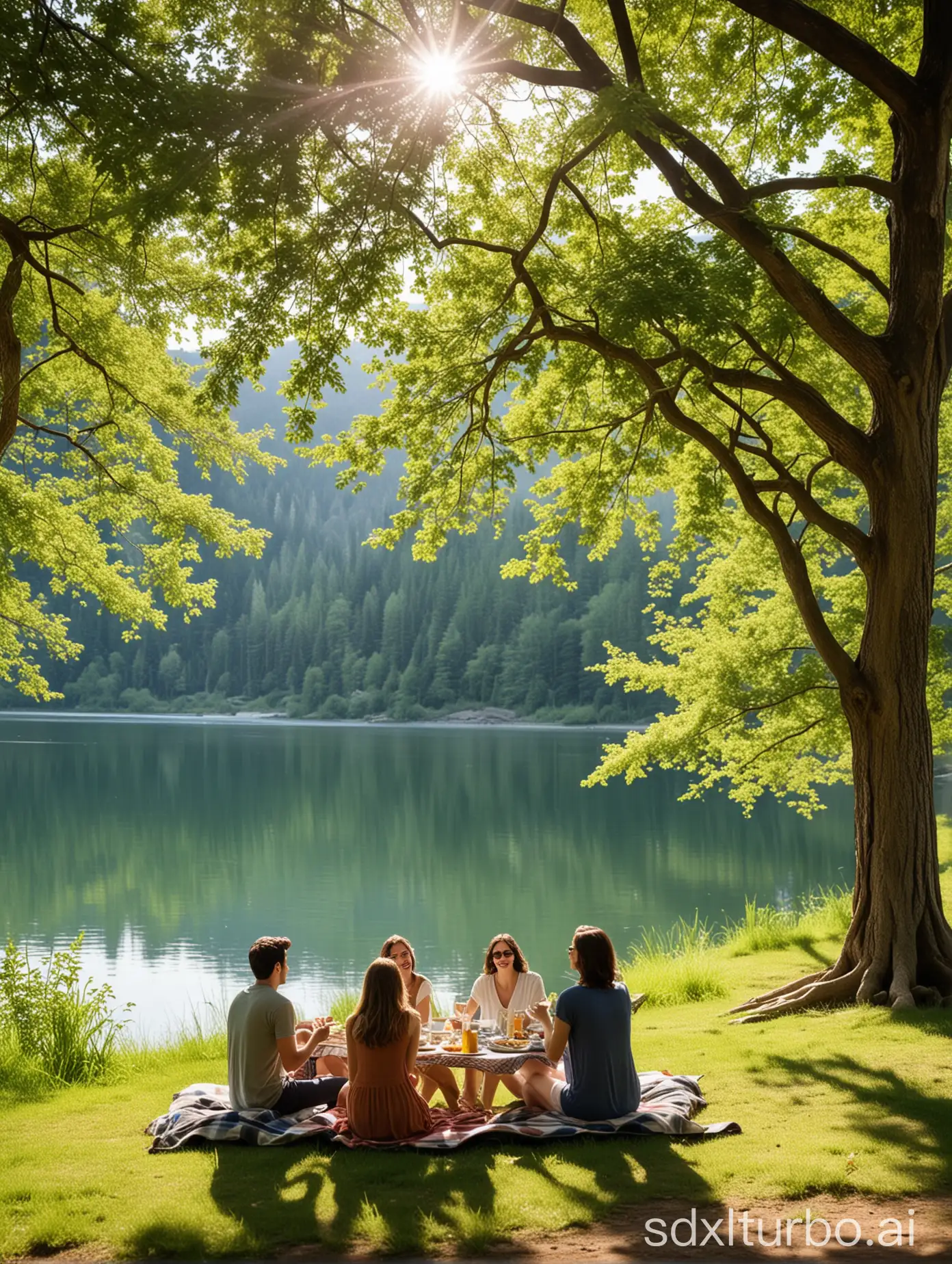 In a lush and tranquil landscape, a group of friends enjoys a picnic by a serene lake. Under the shade of leafy trees, smiles and laughter fill the air as they share moments of joy and camaraderie. The calm waters of the lake reflect the blue sky and distant mountains, creating an idyllic scene of harmony with nature.
