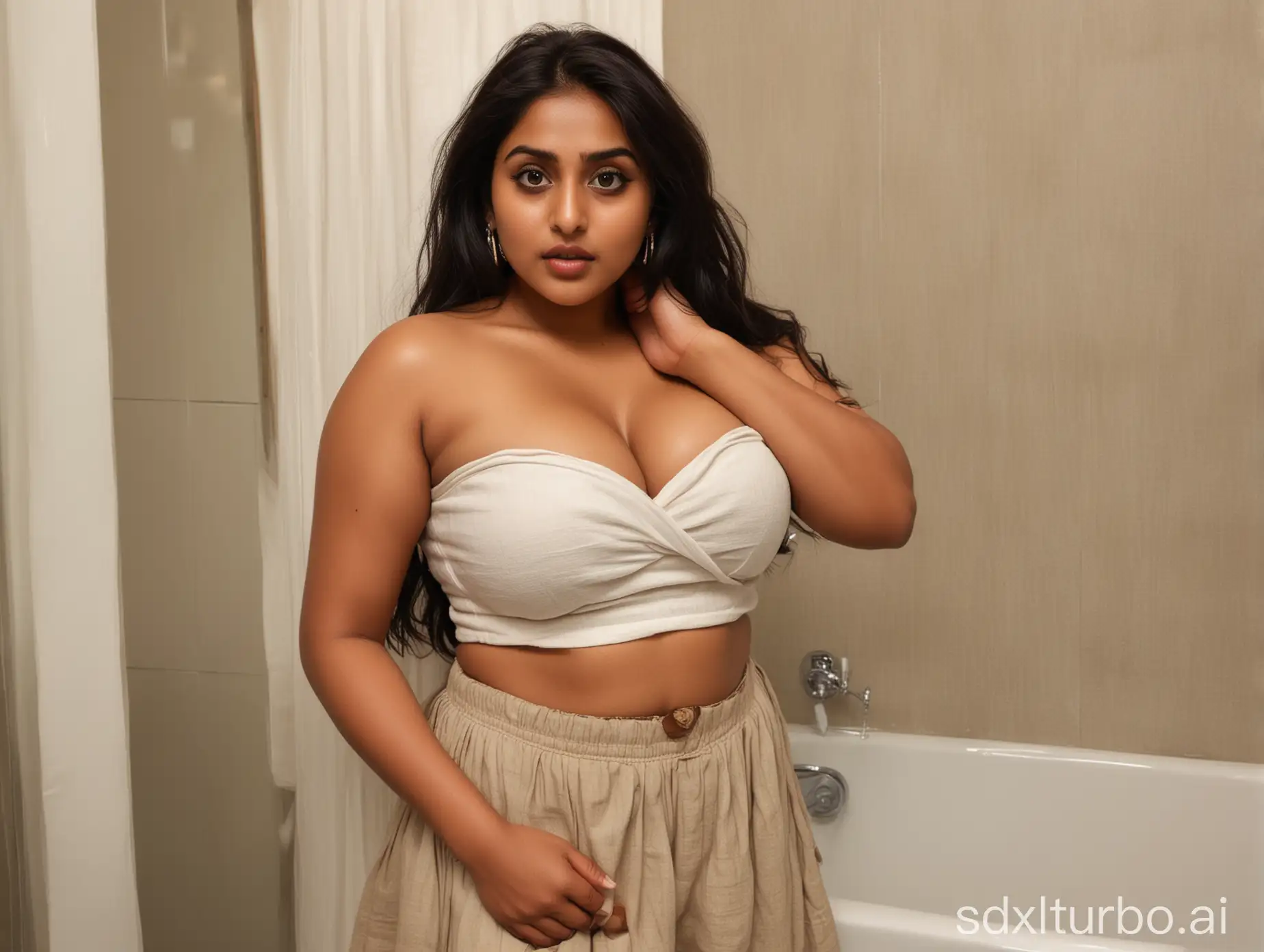 A curvy Indian woman with large breasts, big eyes, perfect wine-red eyes, fantastic face, beautiful appearance, and a plump feminine body. She has a buxom body, wearing a strapless linen crop top that reveals a deep V-shaped cleavage and a low-waisted mini skirt. She is hugging her male family members in the bathroom