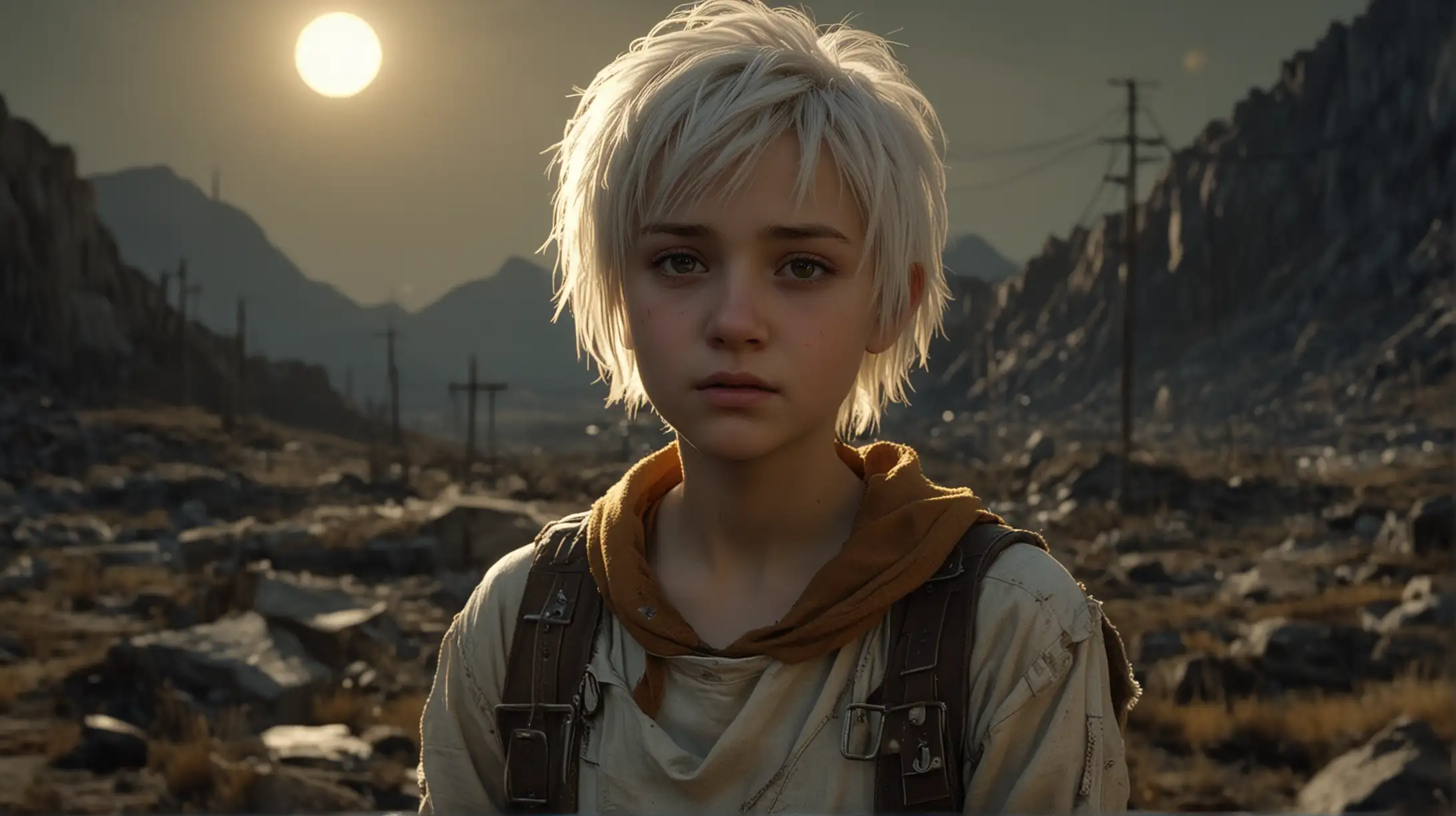 Wide shot 16 : 9 cinematic photorealistic.   Extremely beautiful small 11 year old, very girlish, wearing post apocalyptic raggedy clothes. She has a white pixie haircut, with a worried look on her face.there is a golden butterscotch glow shining from behind her.  Its a dark, mysterious 
 surrounding lit by a full moon and a scared landscape.