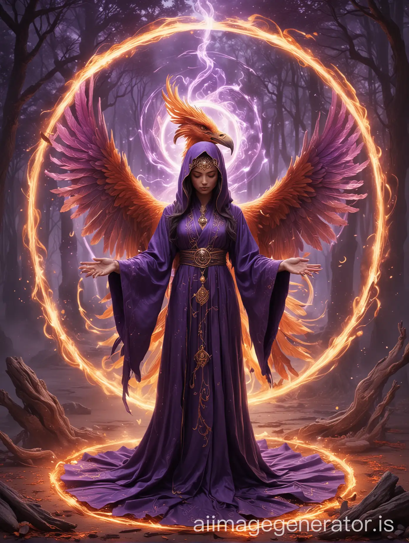 Seorang summoner dengan jubah ungu dan kerudung, mengelus familiar (hewan peliharaan magis) berupa burung phoenix yang berapi-api, dengan lingkaran sihir yang berpendar di tanah, menandakan ritual pemanggilan yang sedang berlangsung