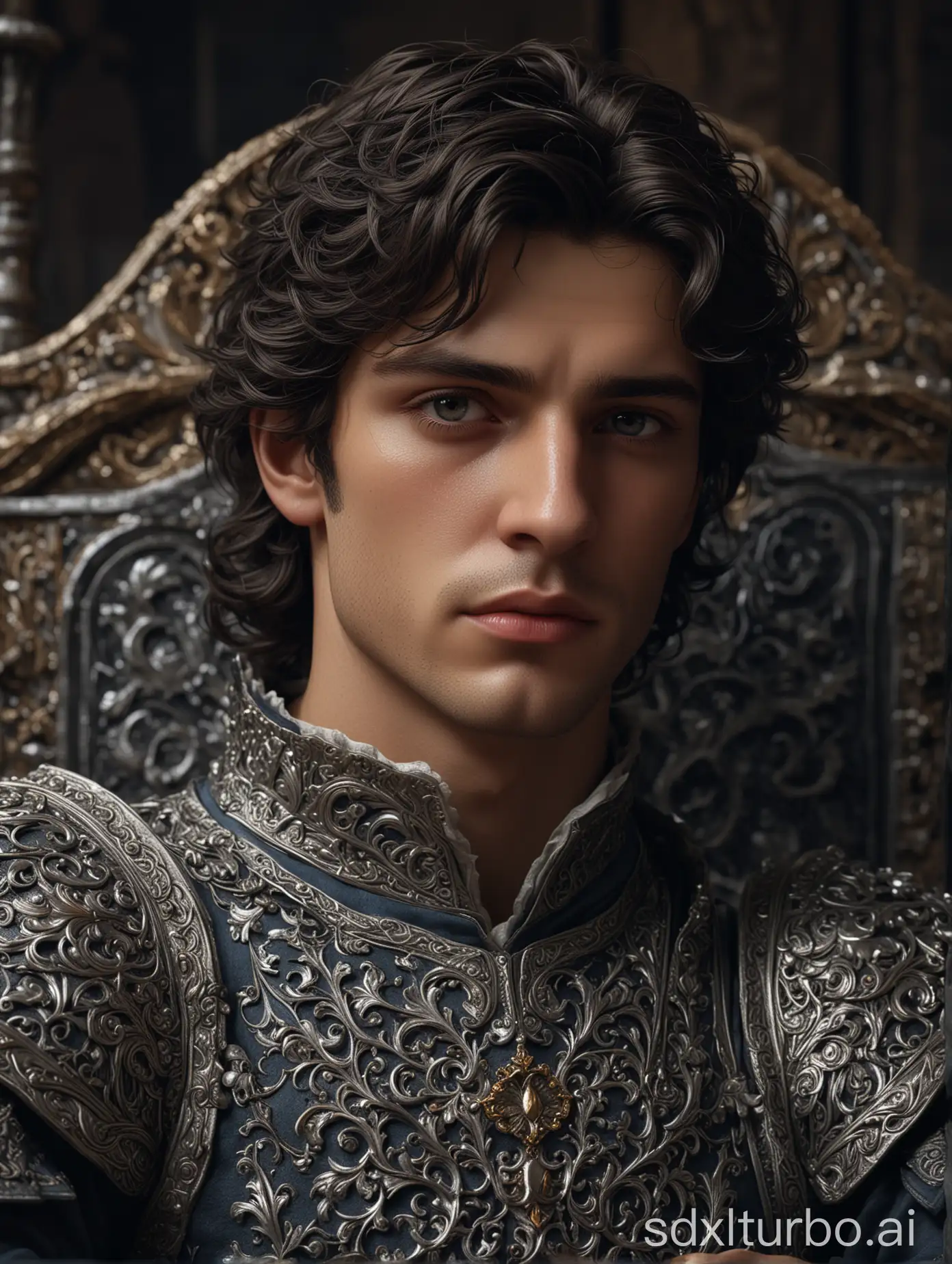 A handsome young man with angelic aristocratic features, gray eyes, and dark hair, slightly wavy, lying down to his shoulders: in medieval costume, perfect composition, beautiful detailed intricate insanely detailed octane render trending on artstation, 8 k, photorealistic concept art, soft natural volumetric cinematic perfect light, chiaroscuro,  masterpiece, greg rutkowski