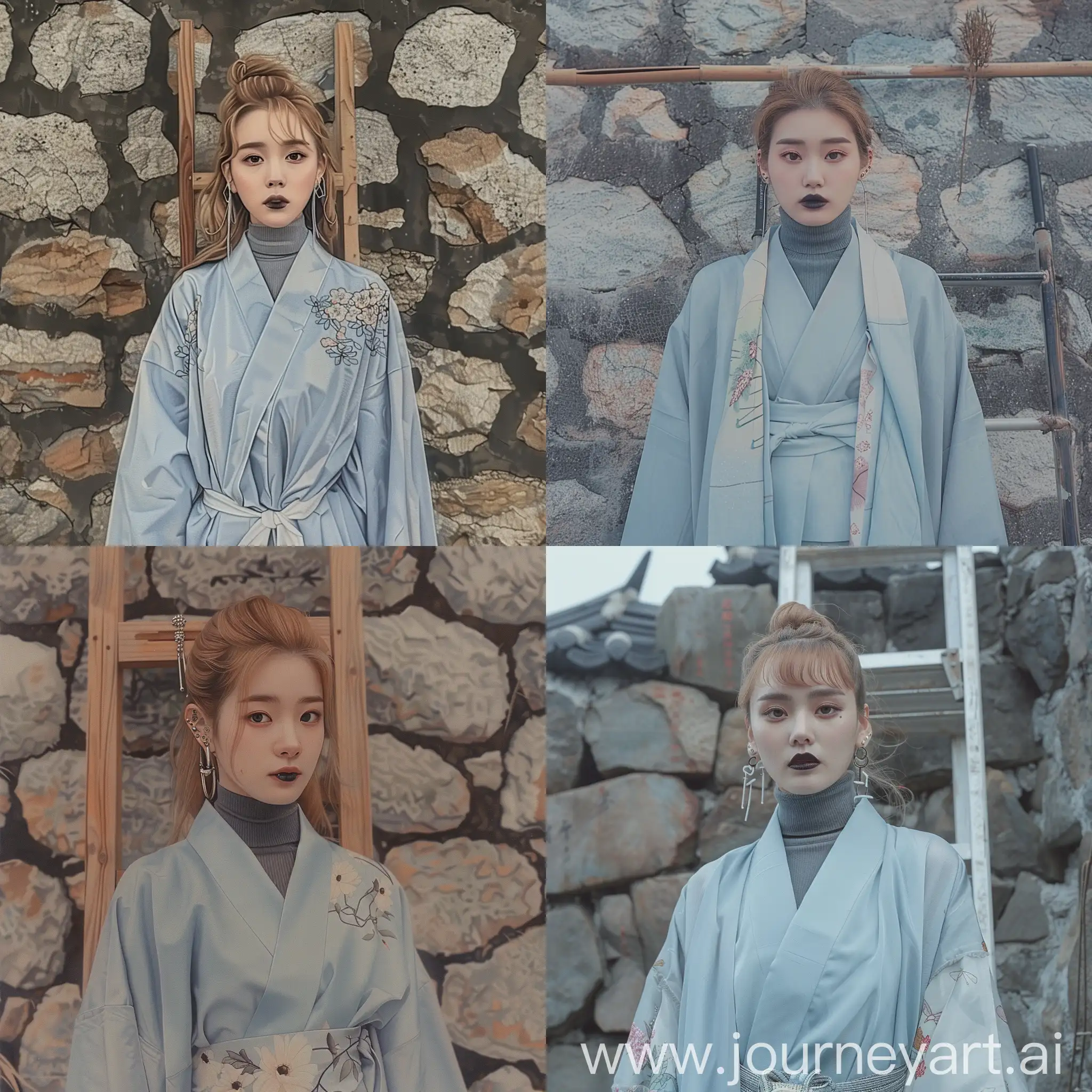 a woman in a kimono standing in front of a stone wall, design milk, inspired by Jang Seung-eop, pale blue outfit, seoul, standing on a ladder, fear of god style, young blonde woman, white: 0.5, avant uniform, bleak color,  25 year old woman, chestnut hair, undercut hairstyle, ears with multiple piercings, grey eyes, dark ash skin, black lipstick, grey turtleneck, denim jacket, tired face, anime style drawing