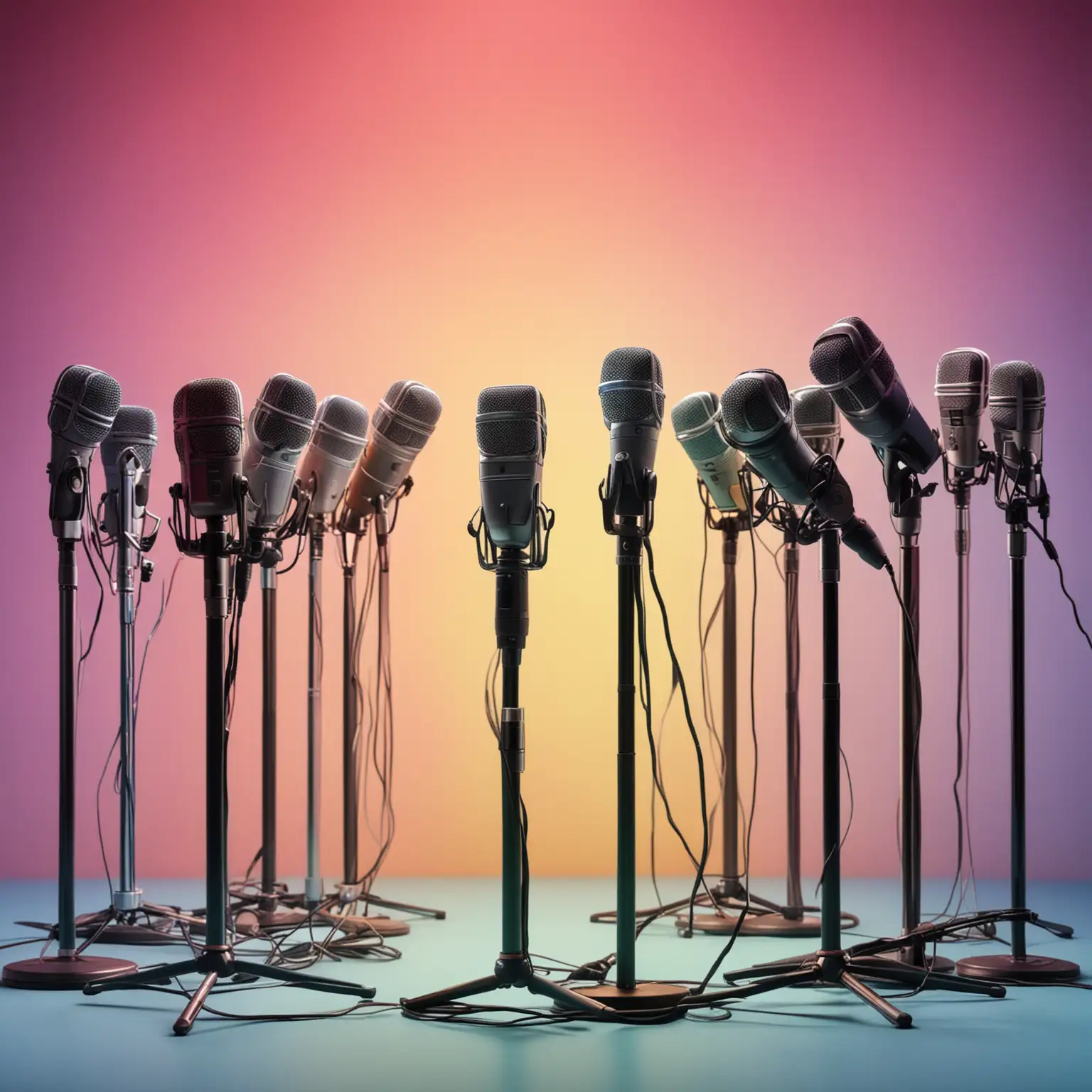 Colorful Background Interview Setup with Modern Microphones
