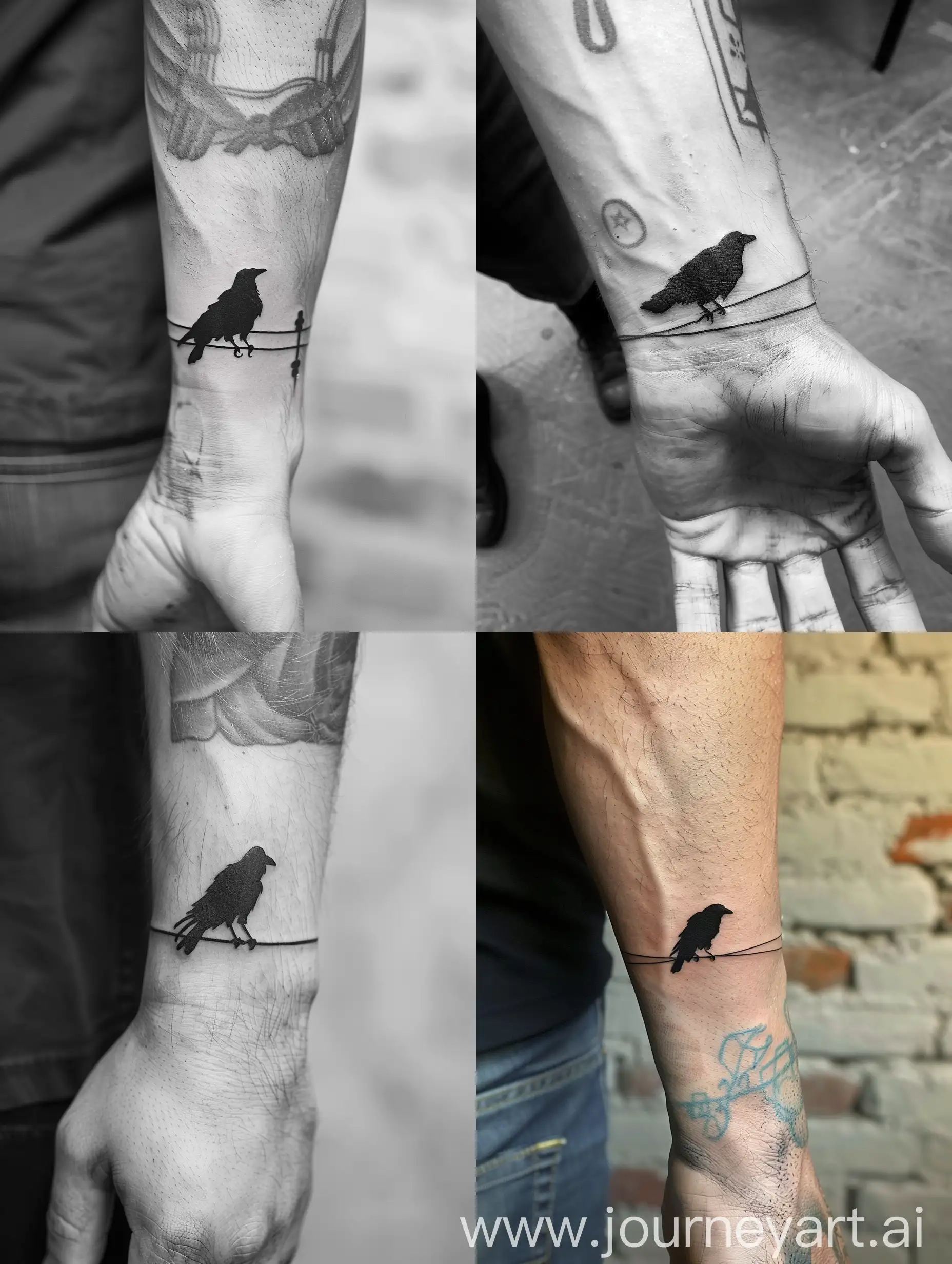 silhouette tatto on a males wrist of a crow on a utility wire, fine lines, eerie --q 5
