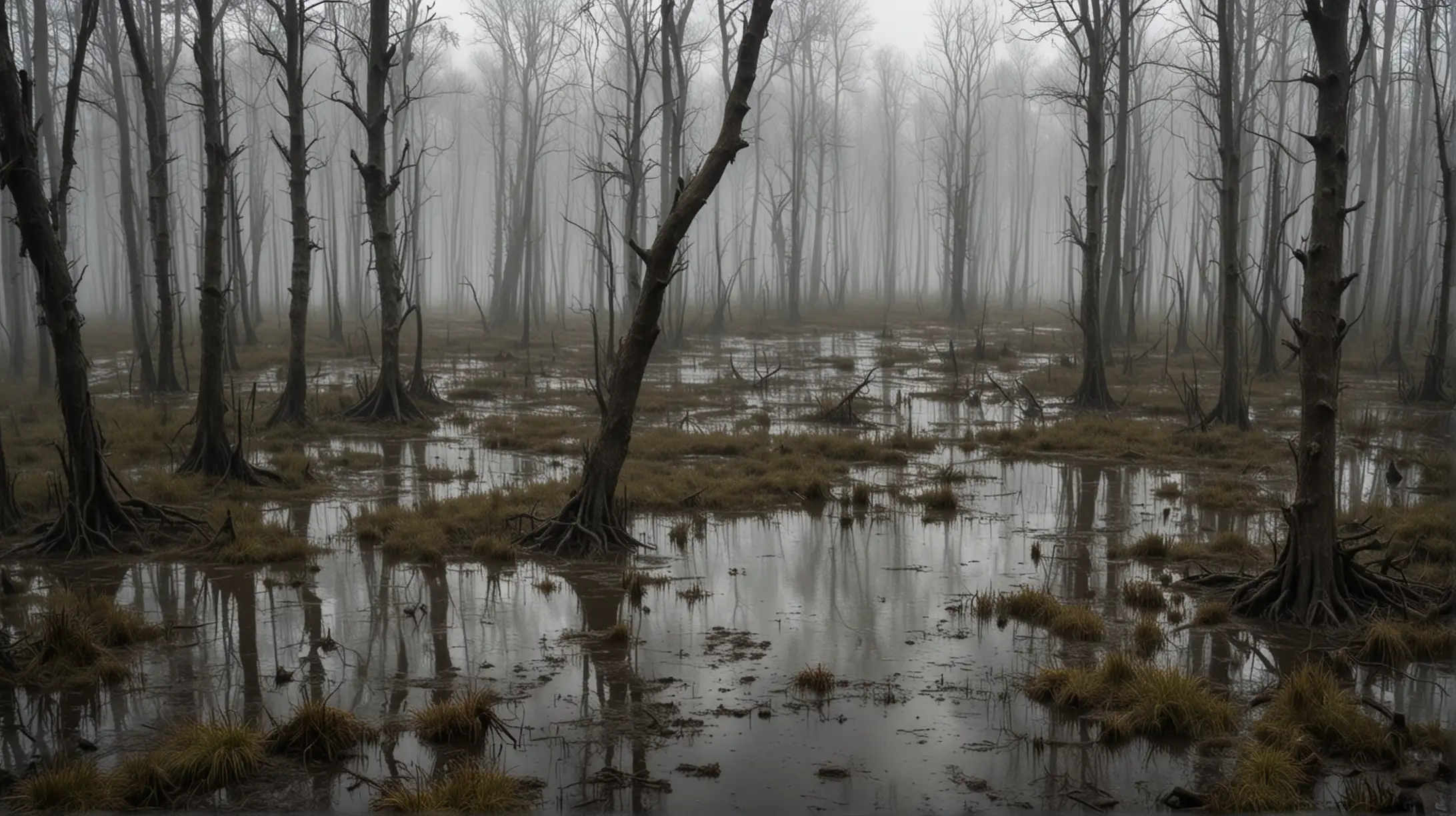 swamp terrain in an old thick forest, much mud and water, distant view from a high tree, dark, much fog