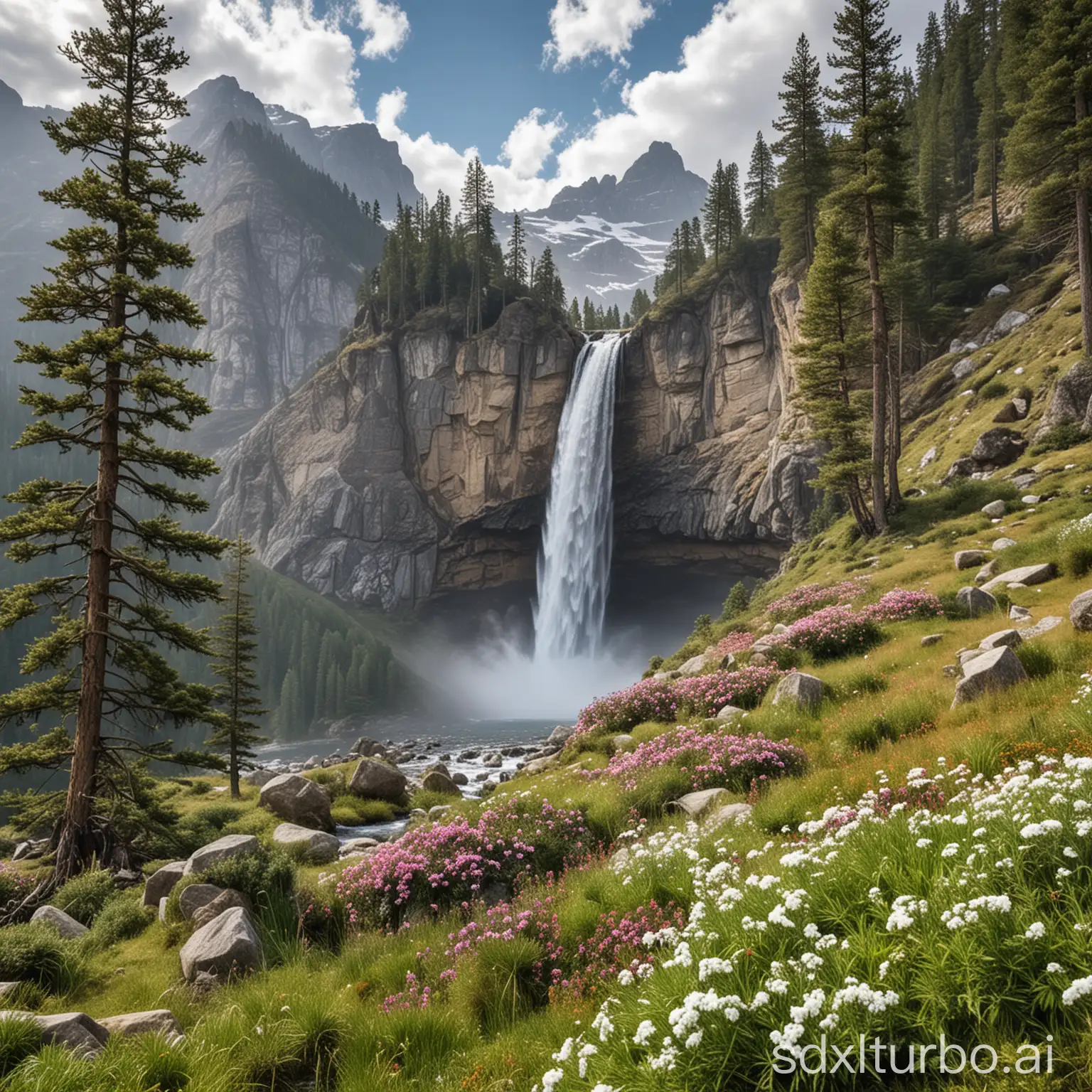 Open-air landscape, incredible waterfall, a mountain with a little snow in the distance, some pine trees, landscape with some flowers