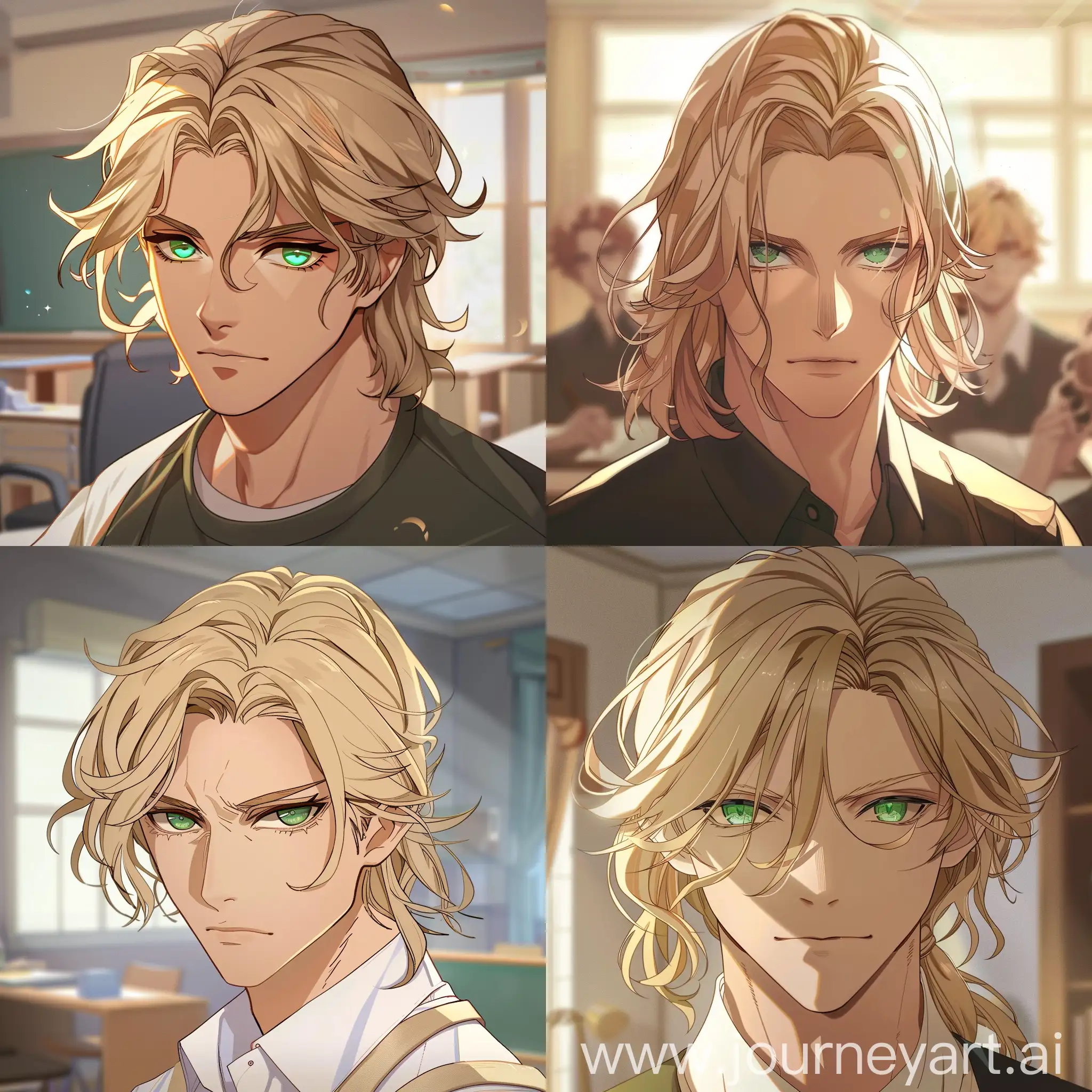 The man is blond with emerald green eyes. He has shoulder-length hair in a low ponytail, with half of his bangs pulled back and the other half on the right over his eye. He is a teacher teaching a lesson.