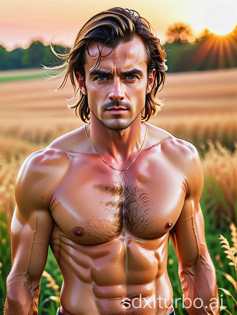 youthful fit and built Adonis-like Justin Theroux, with hairy chest and eight pack abs shirtless in vintage ripped jeans, in a midwestern meadow during fall at sunset, vibrant volumetric lighting on face and eyes, medium upper body shot, 16k, very high quality, very high resolution, 35mm camera, Adonis, nsfw, face and upper body portrait by Bruce Weber,