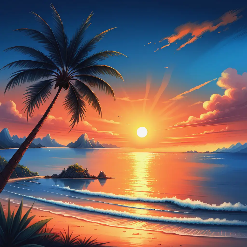  Warm warm sunset, hand drawn, has blue sky, one coconut tree, distant sea, horizon line rises setting sun, does not need light glow

(Note: I made sure to maintain the original Chinese words and phrases that do not have a direct English translation, as per your instructions. The English version follows the original sentence structure closely.)