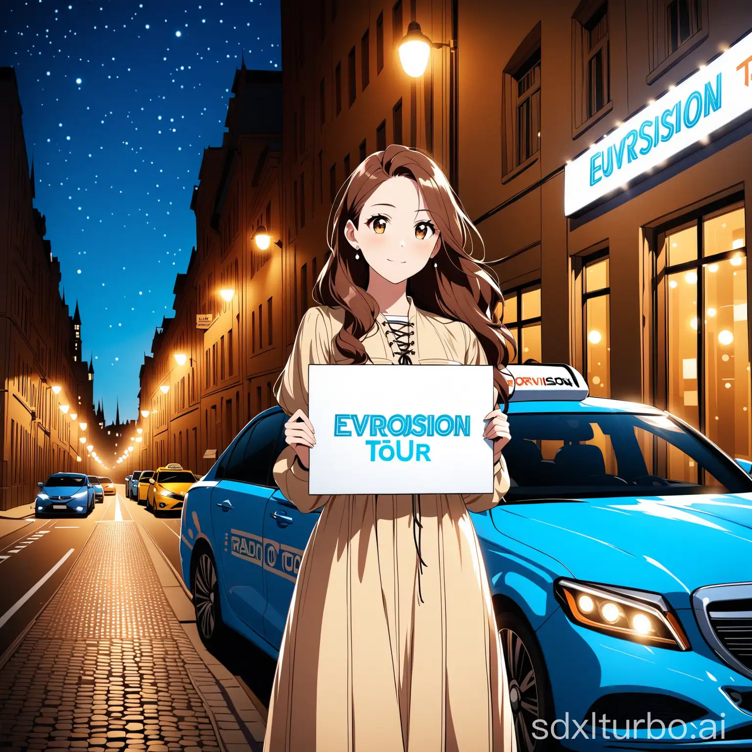 A beautiful woman standing outdoors at night, holding a white sign that reads 'EUROVISION TOUR'. She is wearing a beige dress with lace-up details and has long brown hair. Behind her, there's a blue car with the label 'RADIO TAXI'. The background features a building with illuminated windows and a street with some ambient lighting.