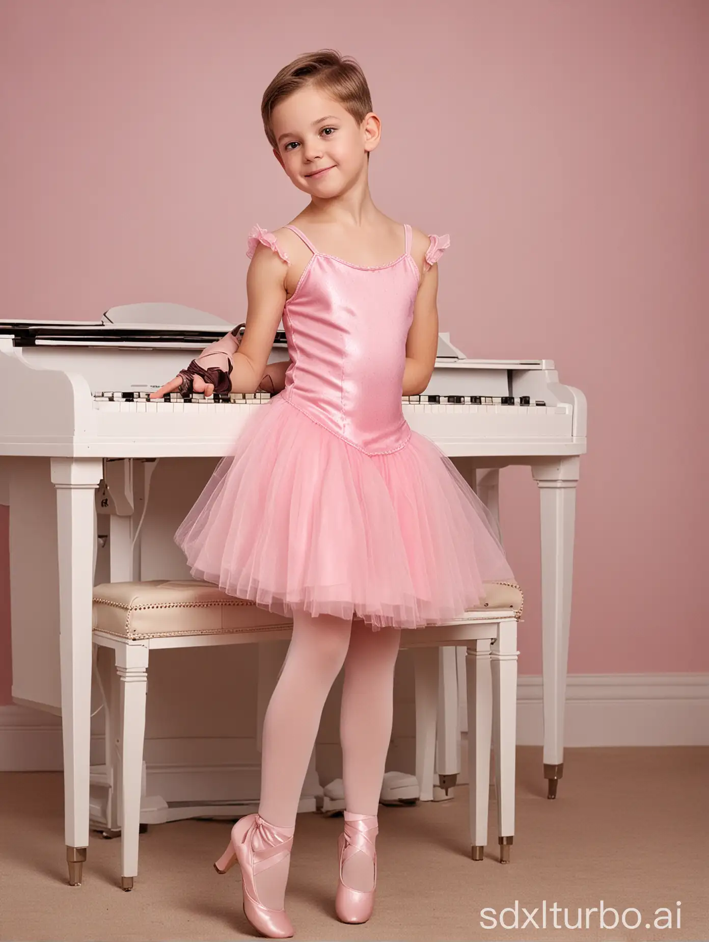 Adorable-11YearOld-Boy-Nervously-Plays-Piano-in-Pink-Ballet-Dress-and-High-Heel-Boots