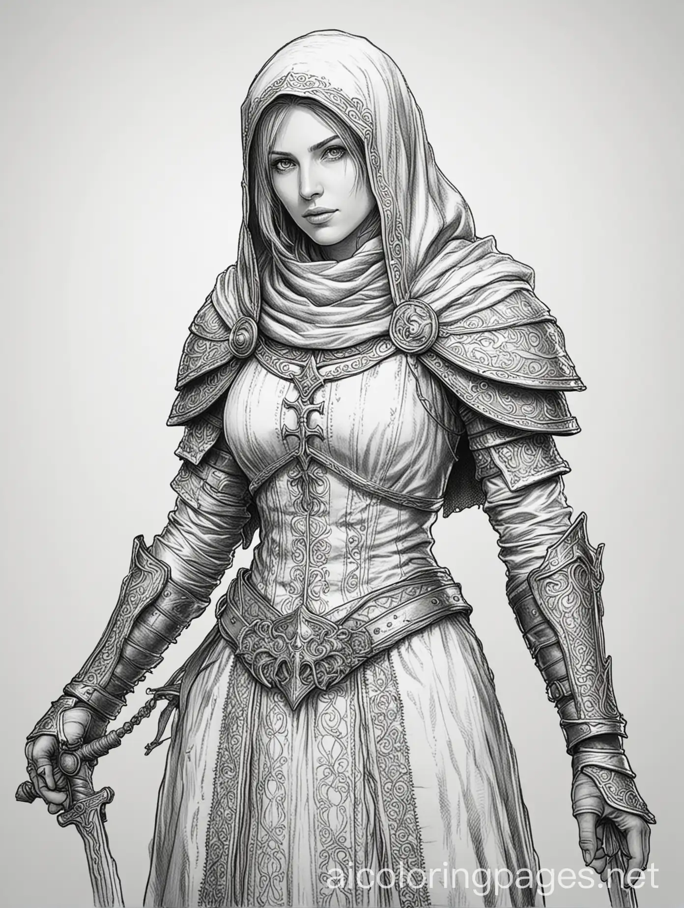 Sister friede from dark souls 3
, Coloring Page, black and white, line art, white background, Simplicity, Ample White Space. The background of the coloring page is plain white to make it easy for young children to color within the lines. The outlines of all the subjects are easy to distinguish, making it simple for kids to color without too much difficulty