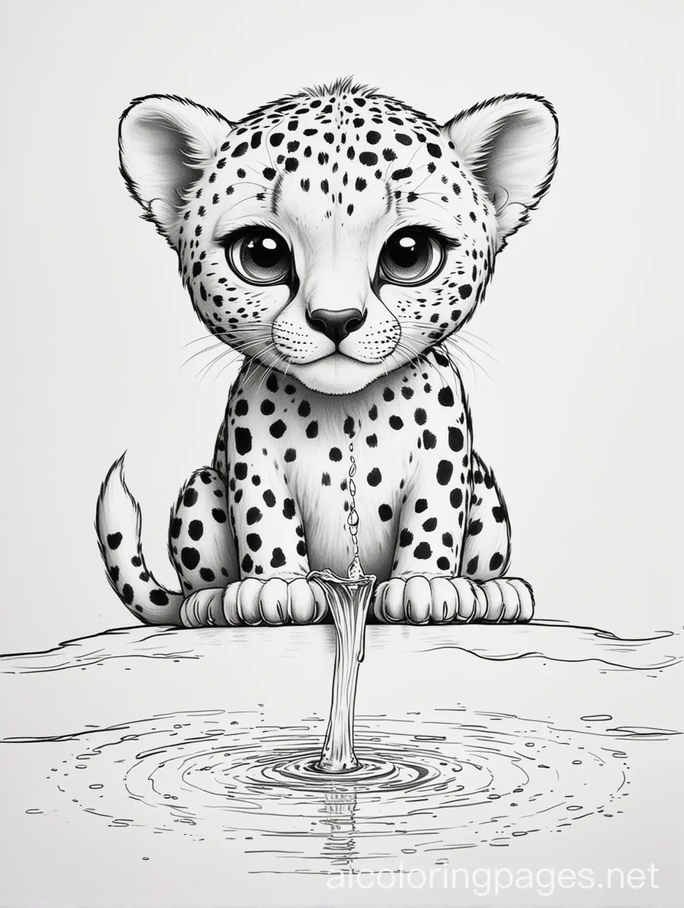 cute cheetah drinking water, Coloring Page, black and white, line art, pure white background, Simplicity, Ample White Space. , Coloring Page, black and white, line art, white background, Simplicity, Ample White Space. The background of the coloring page is plain white to make it easy for young children to color within the lines. The outlines of all the subjects are easy to distinguish, making it simple for kids to color without too much difficulty