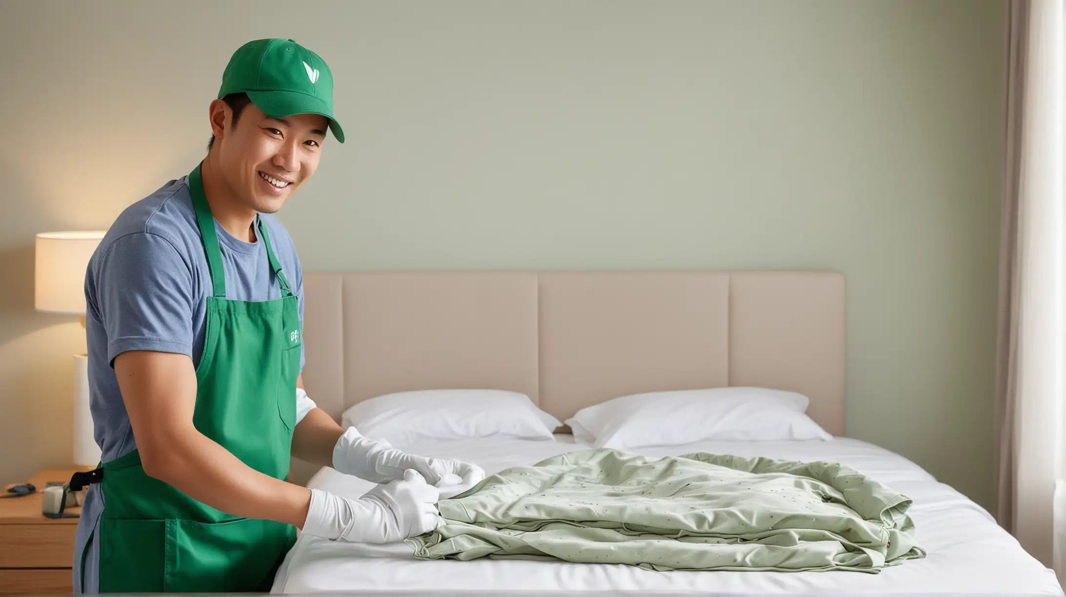 一位中国男家政，戴着棒球帽，戴着白色手套，拿着vorwerk除螨仪微笑着正在除床上螨虫，穿着浅湖绿色围裙。背景卧室床边
