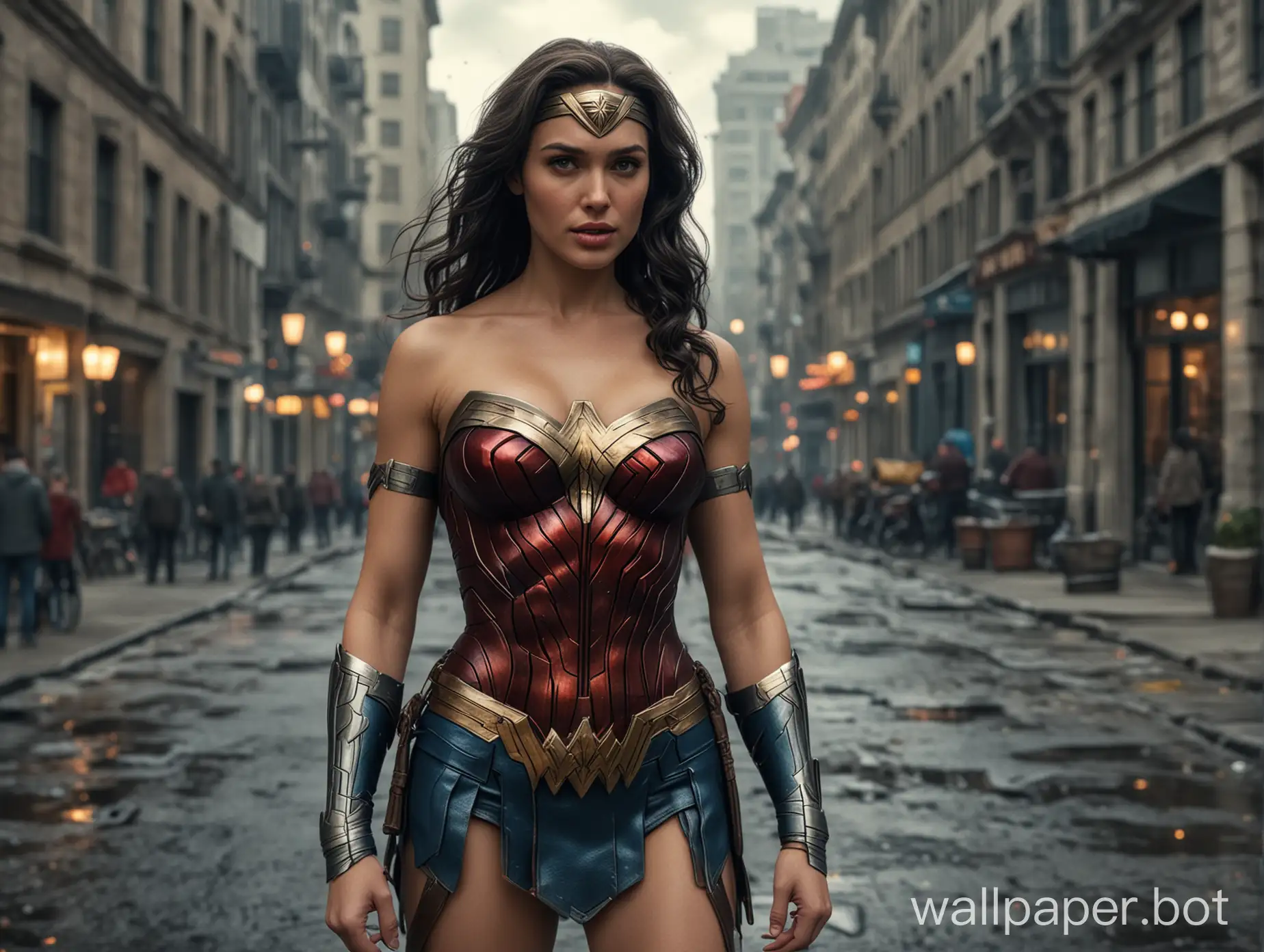 Wonder Woman. big breast. hdr. 8k detail. full body view. Standing in the heart of the city.