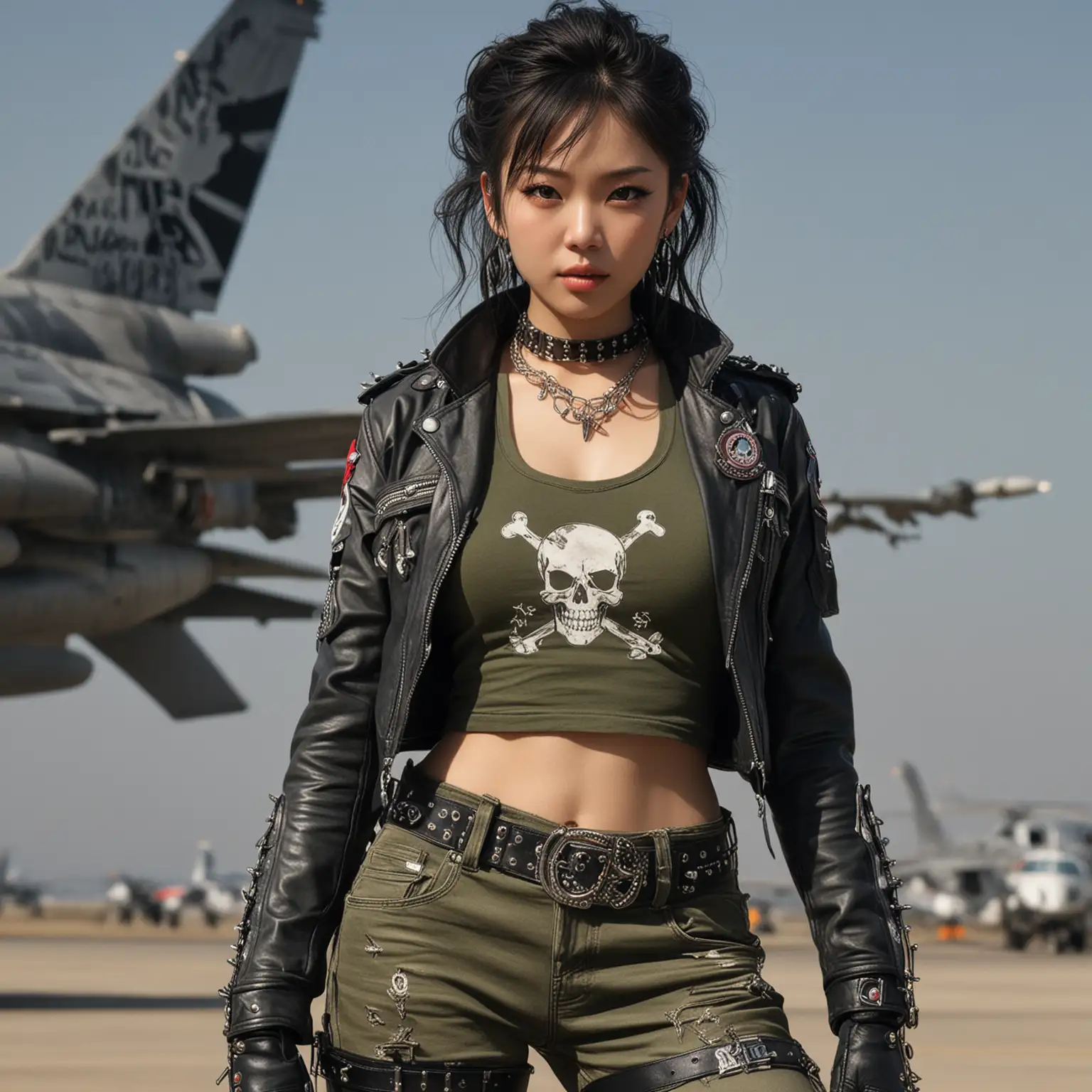 An amazing Chinese Bang hairstyle,
she wears a black biker jacket (wearing a camouflage/olive green tank top in it) with spikes and a skull emblem on both spikes, black rider pants with gray metal designs and red kneepads. She wears a black belt on her waist with a black chain at the left side and black with gray metal rider boots.
set on the Air Force Base, has some of his colleagues watching the battle and an F-16 Fighting Falcon jet on the background with the text CAP RF512. The stage has two crates that can be broken. 
,The woman's body parts such as chest, thigh, stomach, and abdomen are visible
CORNFLOWER BLUE SAPPHIRE Jewelry,  Necklace, Rings and earrings. Black woman painterly smooth, extremely sharp detail, finely tuned, 8 k, ultra sharp focus, illustration, illustration, art by Ayami Kojima Beautiful Thick Sexy Black women 
Natural Beauty hairstyle 