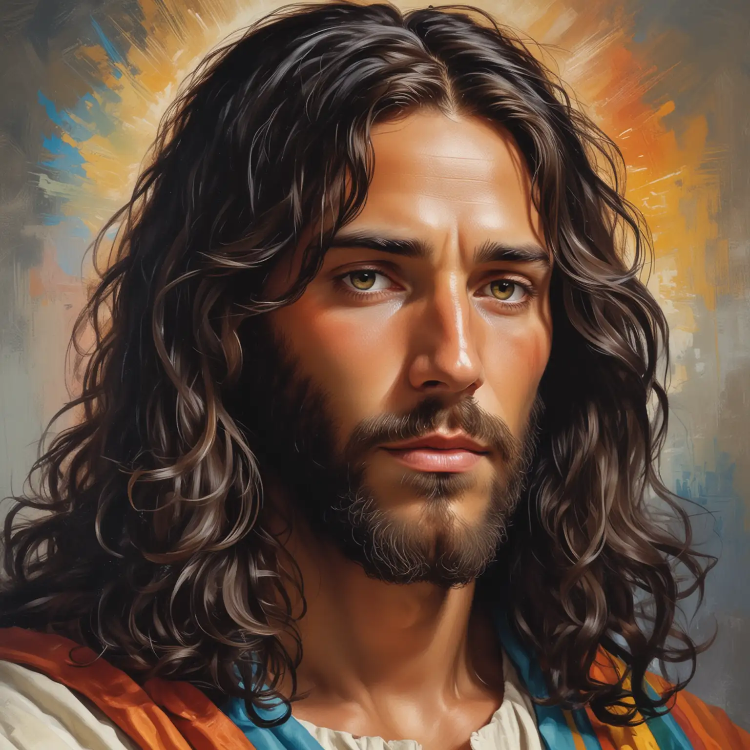 Colorful Portrait of Jesus with Long Dark Wavy Hair