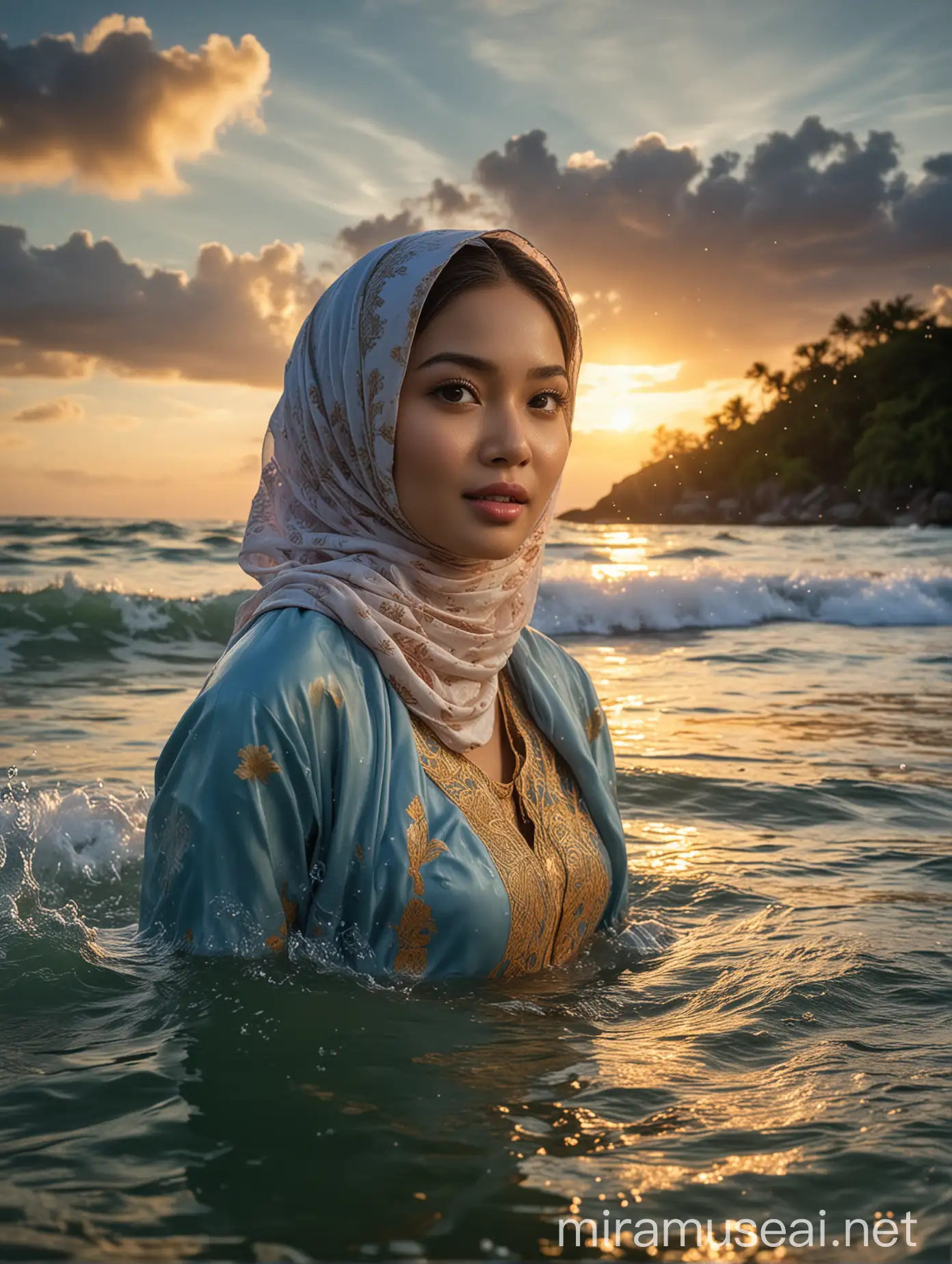 {(National Geographic, underwater photography, 3D, HDR, 16k UHD photo), (A beautiful Malaysian girl (face like Fazura), solo, wear hijab, cover whole body, blue-peach kebaya), (floating dress, splashing water, wet dress splashed by big waves), (white surfs, big waves, sunset, sea, trees, rocks, island, perfect light and puffy clouds, dramatic golden crepuscular rays)}, portrait photography, cinematic