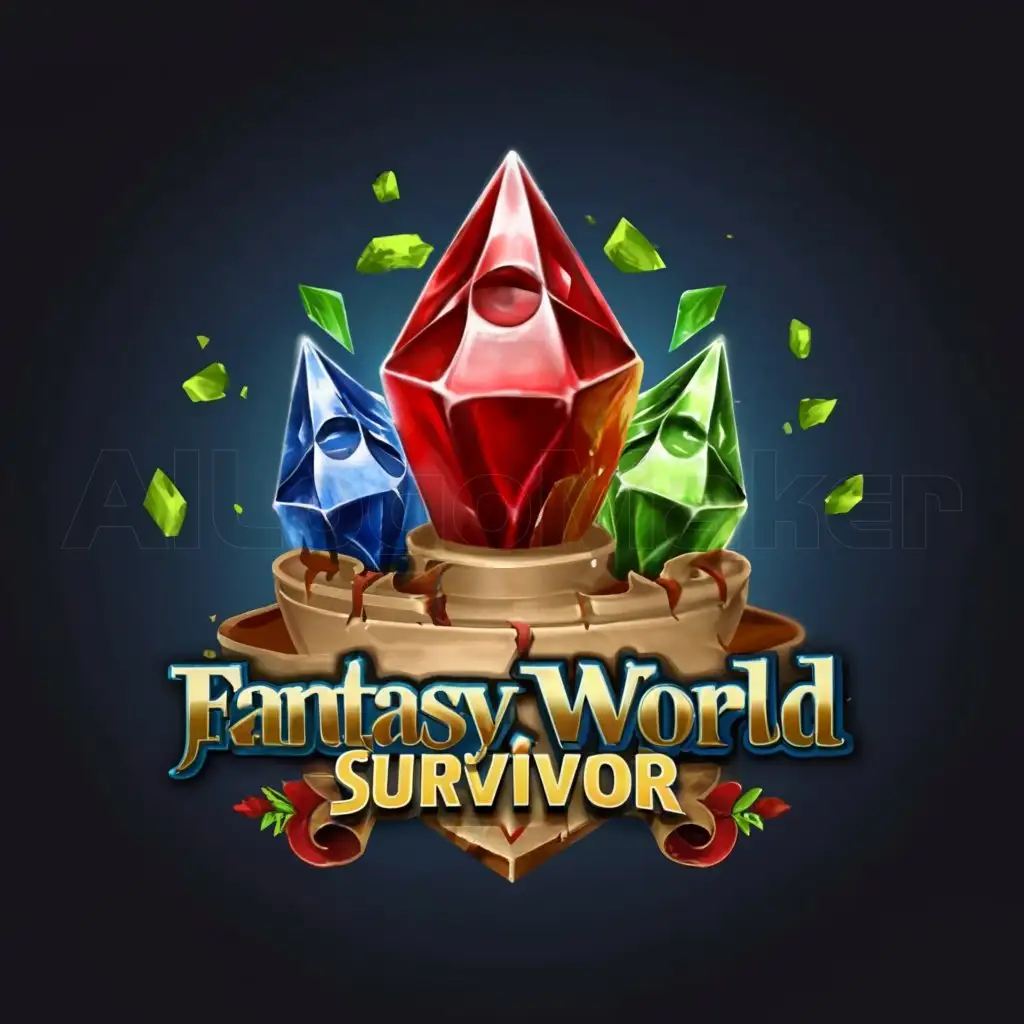 a logo design,with the text "Three Red Green Blue Gem Fantasy Game Theme", main symbol:Fantasy World Survivor,Moderate,be used in Entertainment industry,clear background