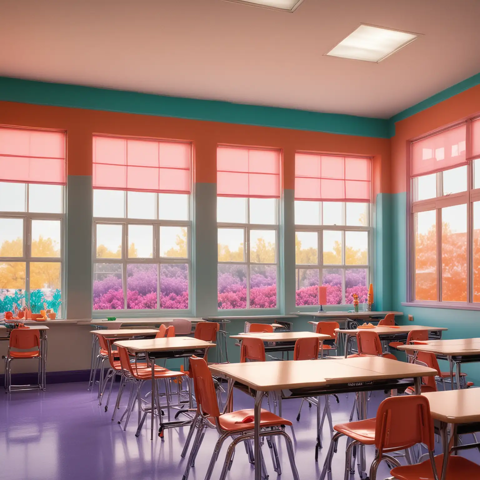 vibrant colorful classroom. midday sun shines through windows illuminating vibrant orange, pink, teal, and purple color scheme of the classroom decor-ar 2:3 --sref https://s.mj.run/87Sjf94hFiI ::1.5 <https://s.mj.run/BdQFQve9VPQ>