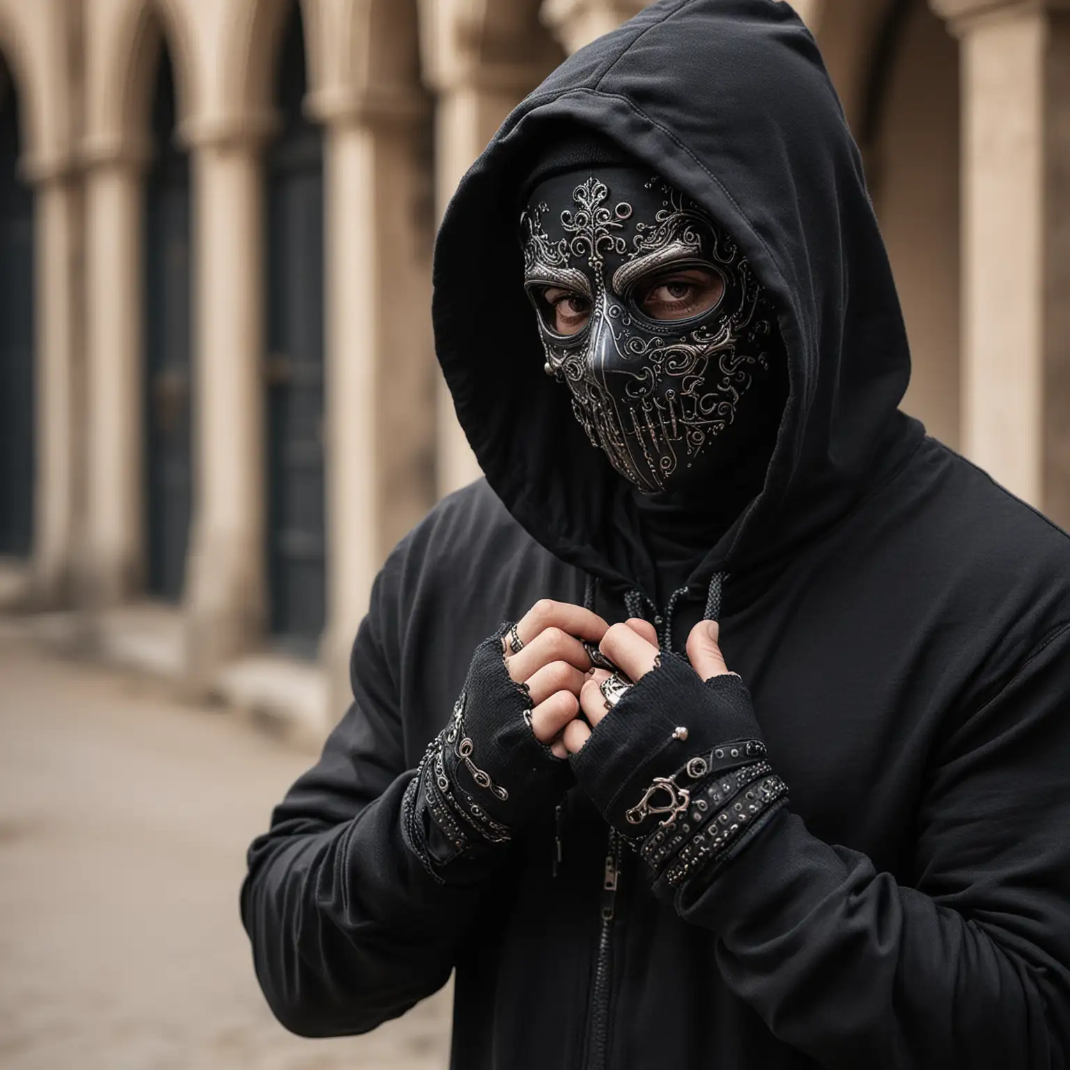black masked man only see eyes wearing gothic hoodie gloves bracelets standing outside with blurred normal background 