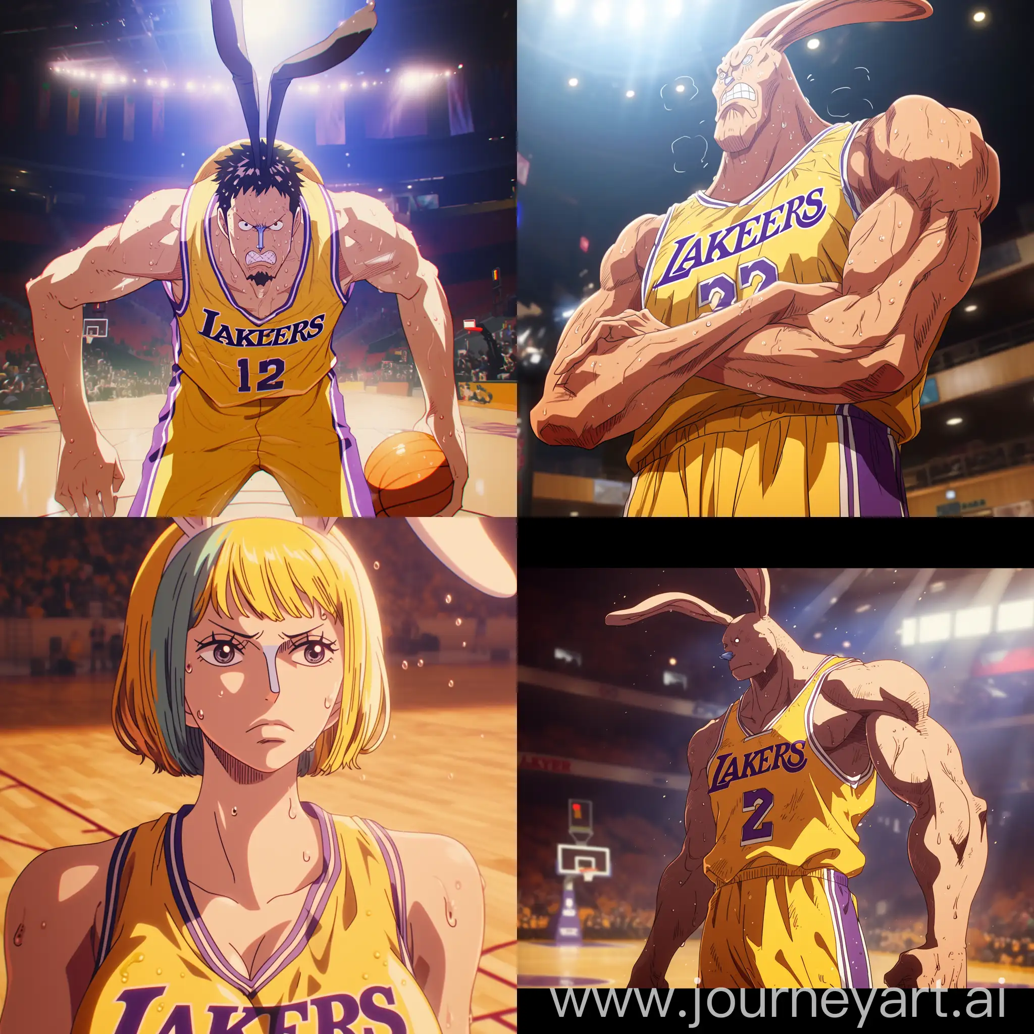 photo screenshot from anime, carrot from one piece anime, yellow basketball uniform "LAKERS", sweat, basketball court --niji 6