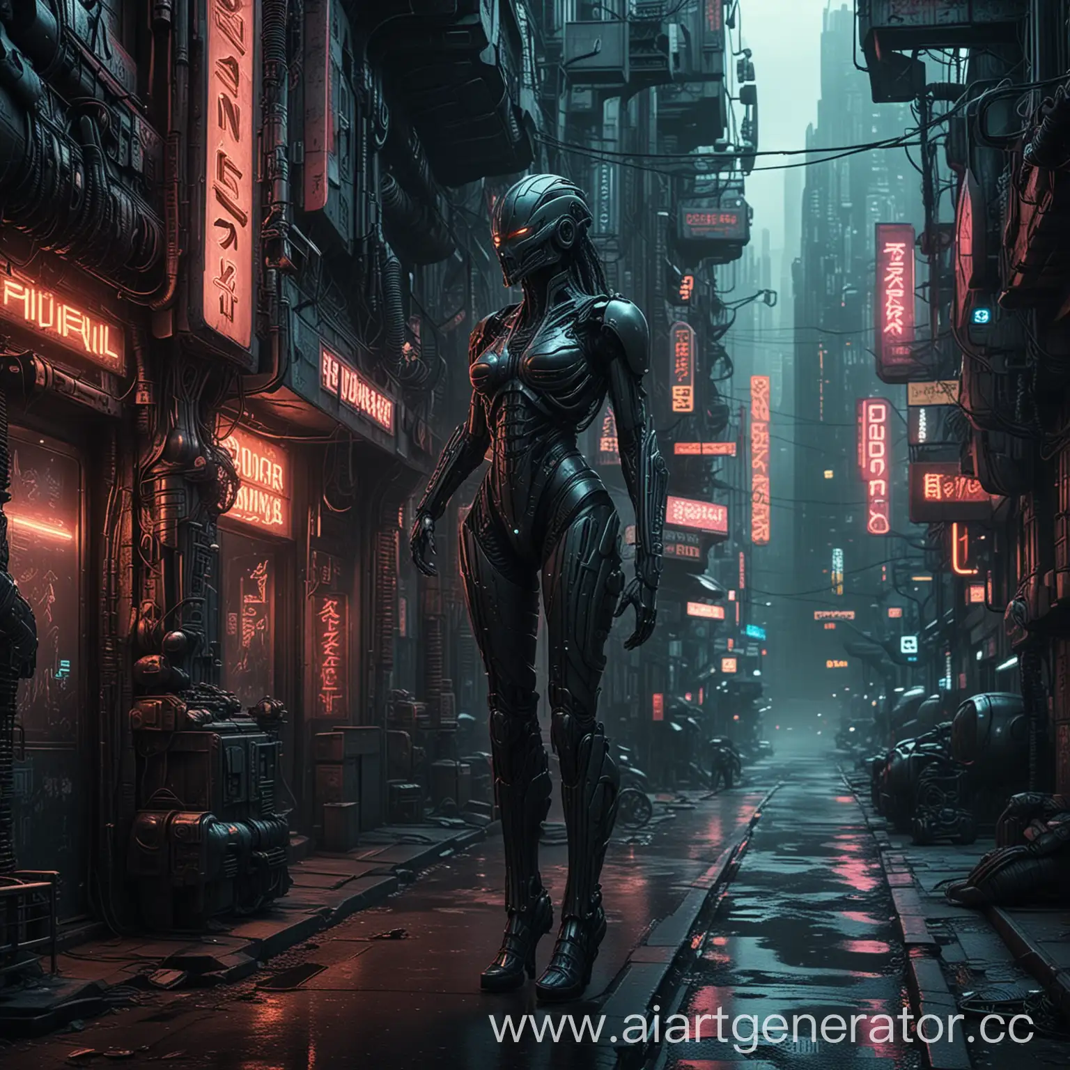Futuristic-Cyberpunk-Knights-Amid-Neon-Signs-in-Giger-Style-Metropolis