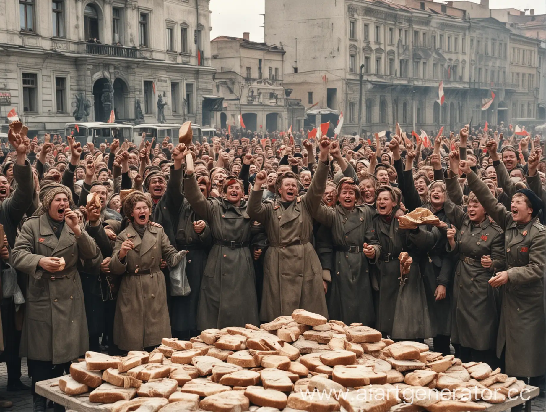 Советский народ празднует победу над голодом на площади и много хлеба