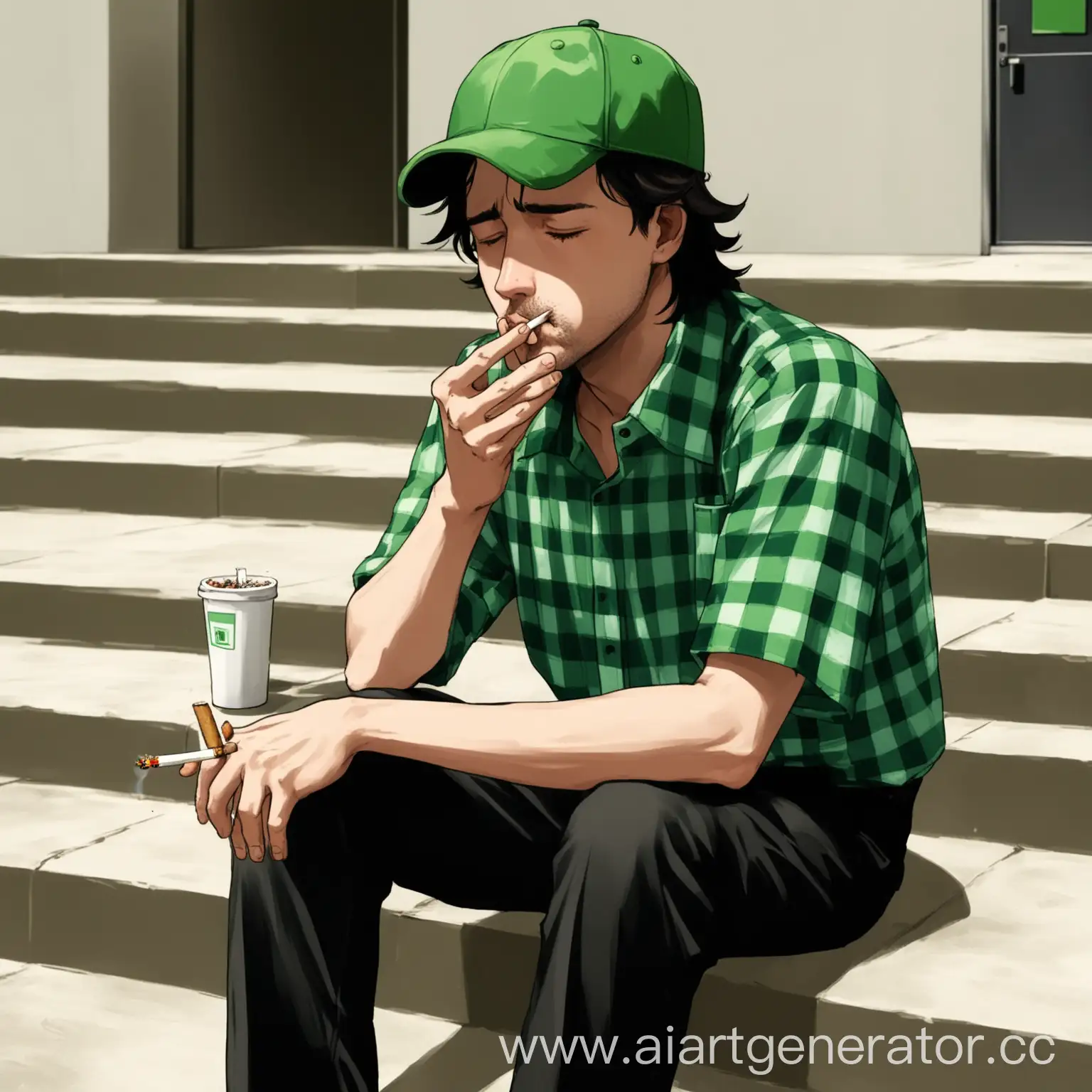 Парень, работник общепита, зелёная поло рубашка, зелёная кепка, чёрные штаны, волнистые тёмные волосы, вышел в обеденный перерыв на улицу, сидит на ступеньках, сигарета во рту, устал от работы