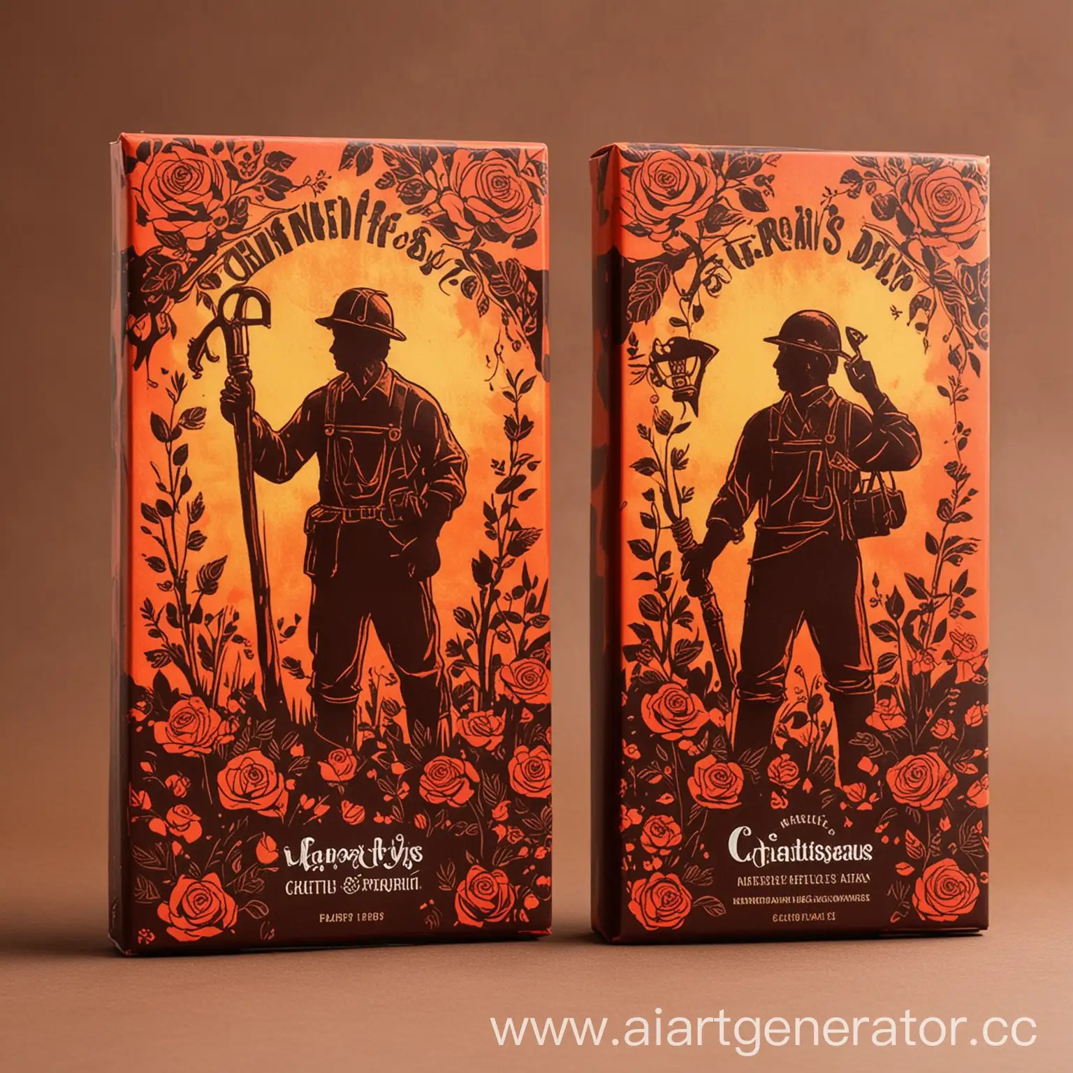 Дизайн упаковки шоколада для праздника Дня Шахтеров. Необходимо отобразить в дизайне силуэты шахтеров и бутоны роз. Фон необходимо сделать красочным, яркими цвета красок