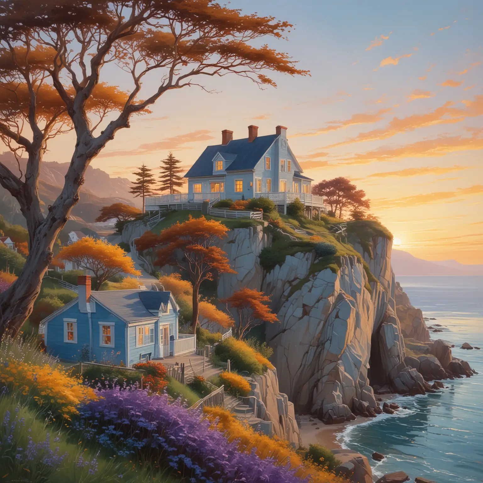The image depicts a serene coastal scene at sunset. In the foreground, there is a quaint, light blue house perched on the edge of a steep cliff. The cliff has a rugged texture and overlooks a calm body of water that reflects the golden hues of the setting sun. The sun is low in the sky, casting a warm, soft glow over the landscape.

Near the house, there are several trees with dark blue foliage, adding a striking contrast to the otherwise warm tones of the scene. These trees have delicate, sparse leaves and thin branches that gracefully arch over the house. In the background, there are gentle, rolling hills and distant mountains, painted in soft shades of blue and purple, adding depth and a sense of tranquility to the composition.

The overall color palette consists of warm yellows, soft oranges, and various shades of blue, creating a harmonious and peaceful atmosphere. The artistic style of the image is reminiscent of a dreamy, impressionistic painting with smooth brush strokes and a focus on capturing the mood of the moment.