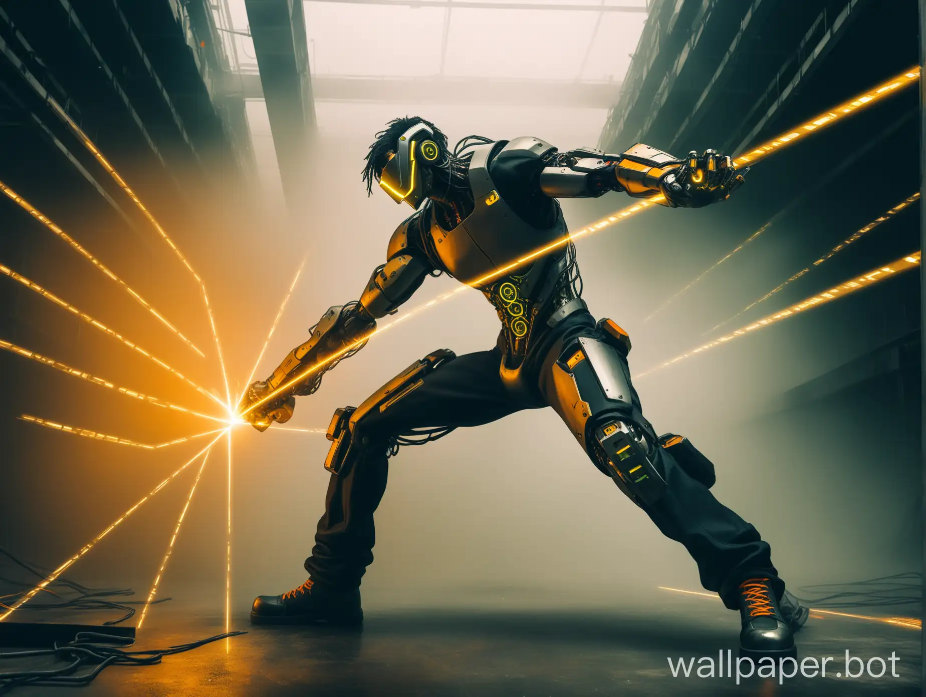 an male human cyberpunk and half cyborg fighting in a epic pose cutting and bending metal sheets laser in a industrial site with orange black background with toxic foggy