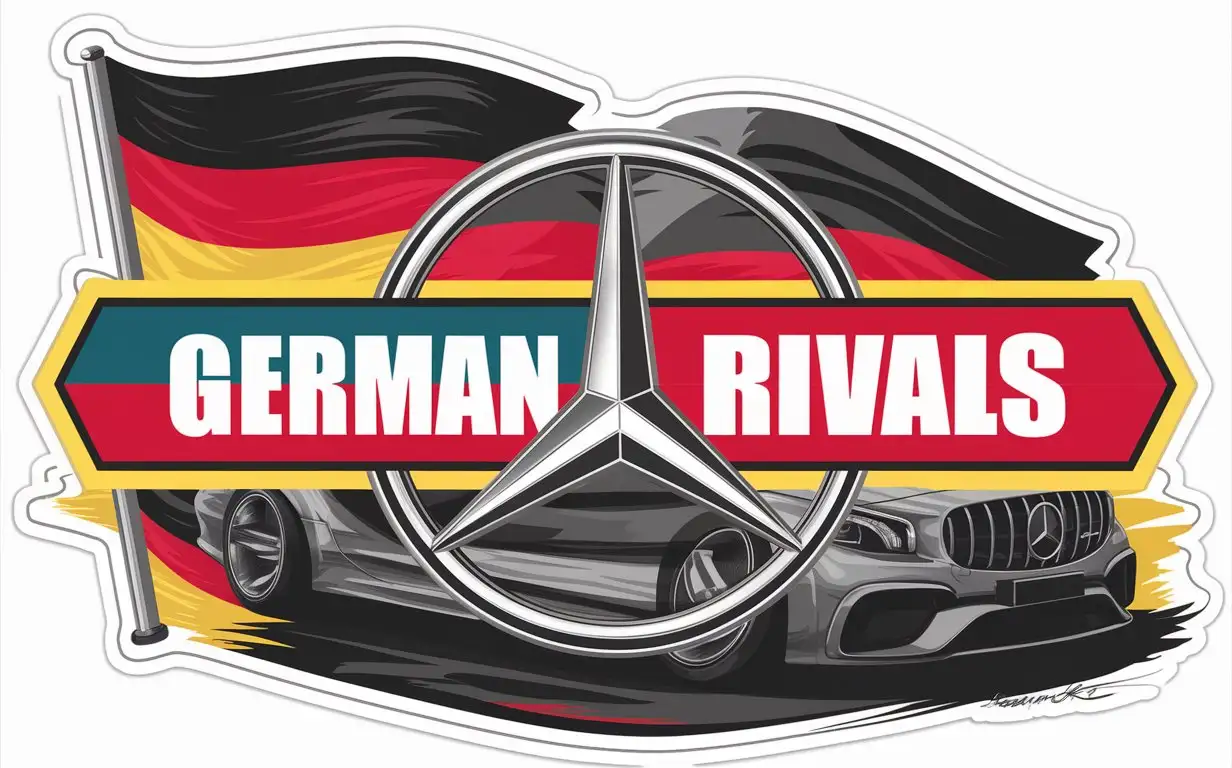 a rectangular sticker, With a Mercedes Benz in the background and written in a German flag with Written : German Rivals