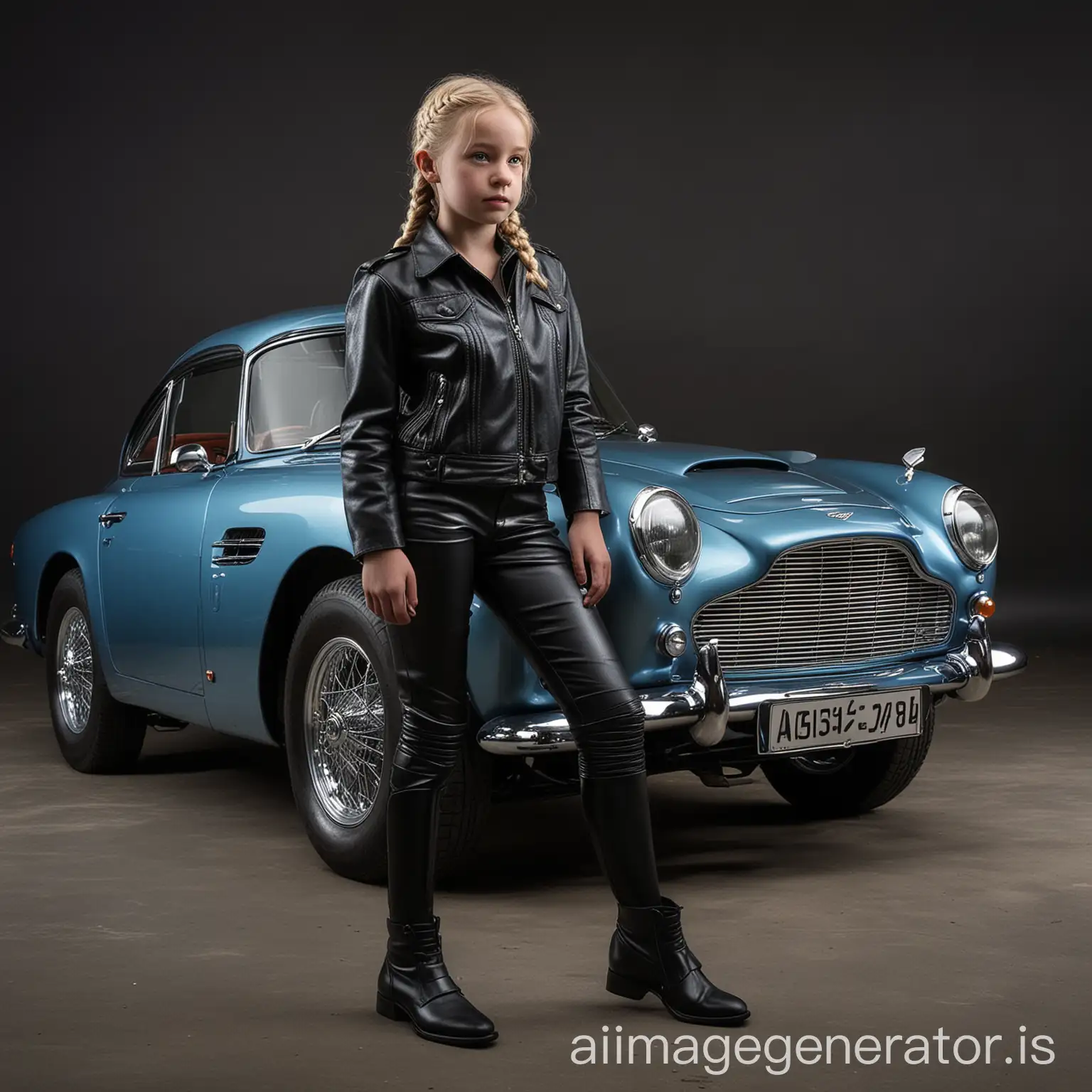 Automóvil Aston Martin db4 color azul metalizado with chromed wheels and fenders, in 3/4 profile, with an 11 year old girl stopped in front of the car, blonde with two braids in her hair, freckles, blue eyes, dressed in a black leather jacket and black leather pants and black boots, with a challenging gaze. All illuminated with lightpainting effect with black background