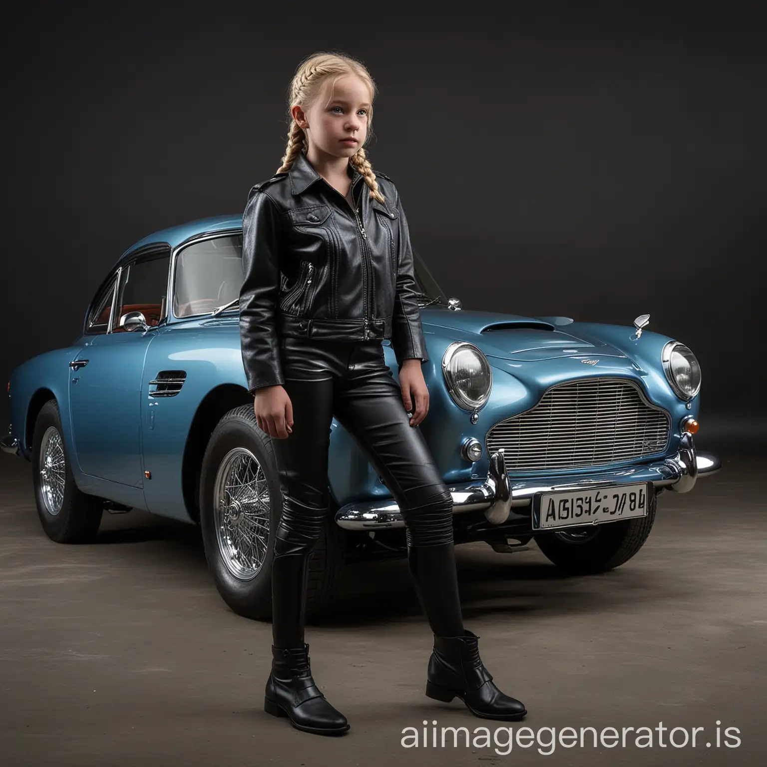 Automóvil Aston Martin db4 color azul metalizado con llantas y guardabarros cromados, en posición 3/4 perfil, con una niña de 11 años parada delante del automóvil, rubia con dos coletas en su cabello, pecas, ojos azules, vestida con una campera de cuero negro y pantalones de cuero y botas negras, con mirada desafiante. Todo iluminado con efecto lightpainting con fondo negro