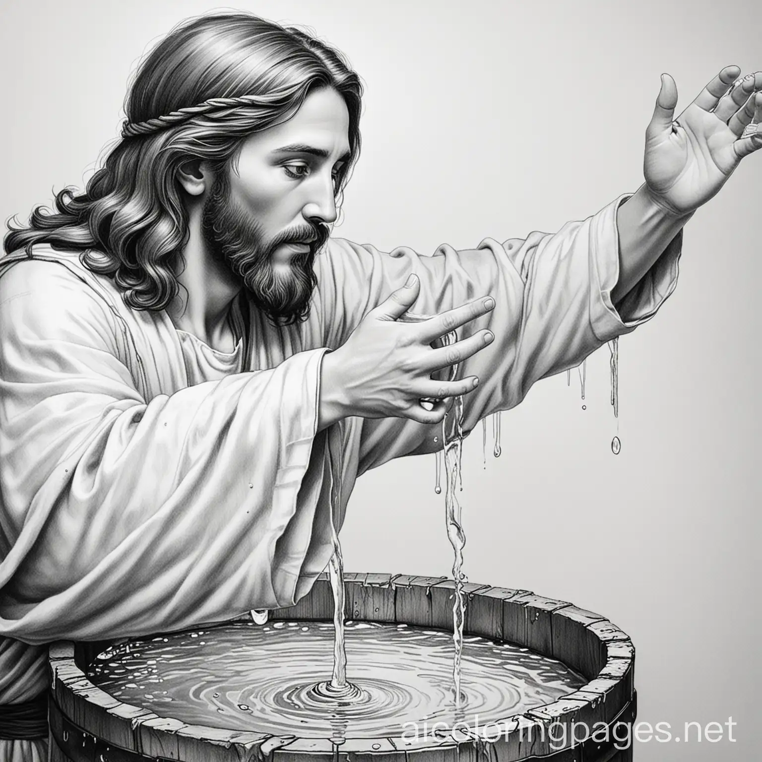 an image of Jesus of the bible dipping a glass into a barrel of water with properly drawn hands with 4 fingers and a thumb on each hand, black and white coloring book page, Coloring Page, black and white, line art, white background, Simplicity, Ample White Space. The background of the coloring page is plain white to make it easy for young children to color within the lines. The outlines of all the subjects are easy to distinguish, making it simple for kids to color without too much difficulty