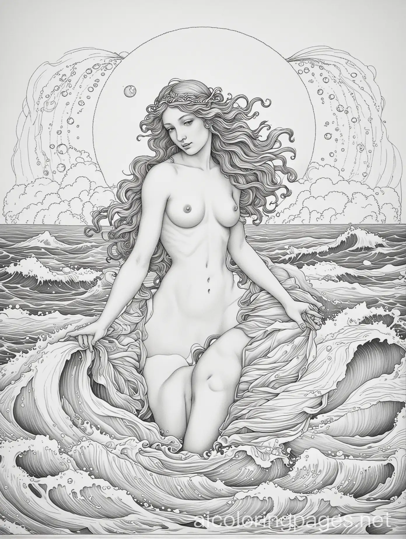 a greek myth coloring page for adults, image depicting: **The Birth of Venus** - An illustration inspired by Botticelli's painting, showing Venus standing on a clamshell, emerging from the sea, surrounded by waves and sea foam. Classical illustration style, Coloring Page, black and white, line art, white background, Simplicity, Ample White Space. The background of the coloring page is plain white to make it easy for young children to color within the lines. The outlines of all the subjects are easy to distinguish, making it simple for kids to color without too much difficulty