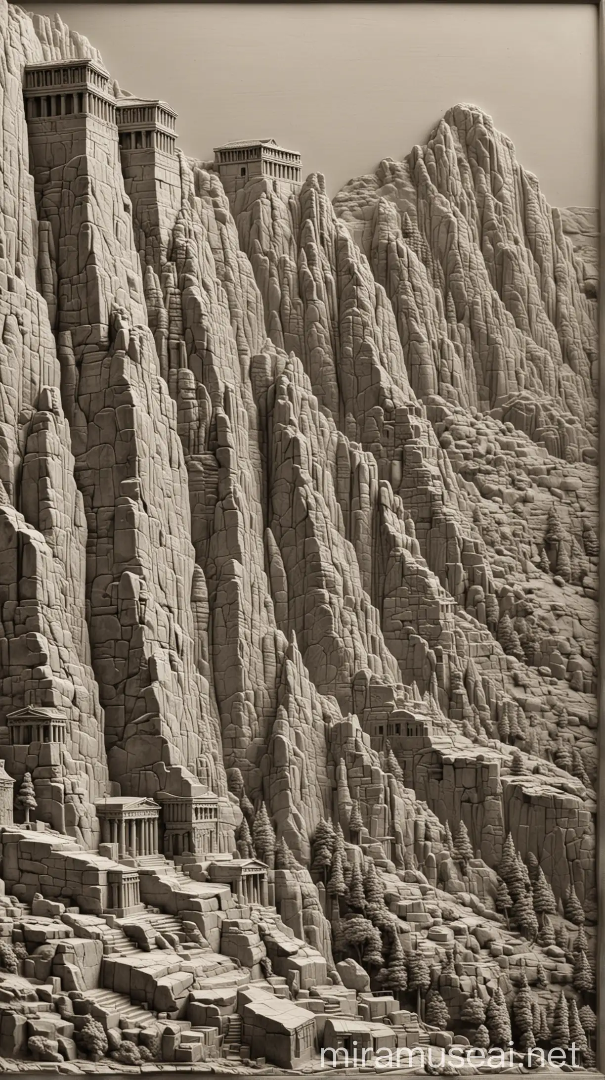 Greek Mountains and Ancient Temple Grayscale Bas Relief