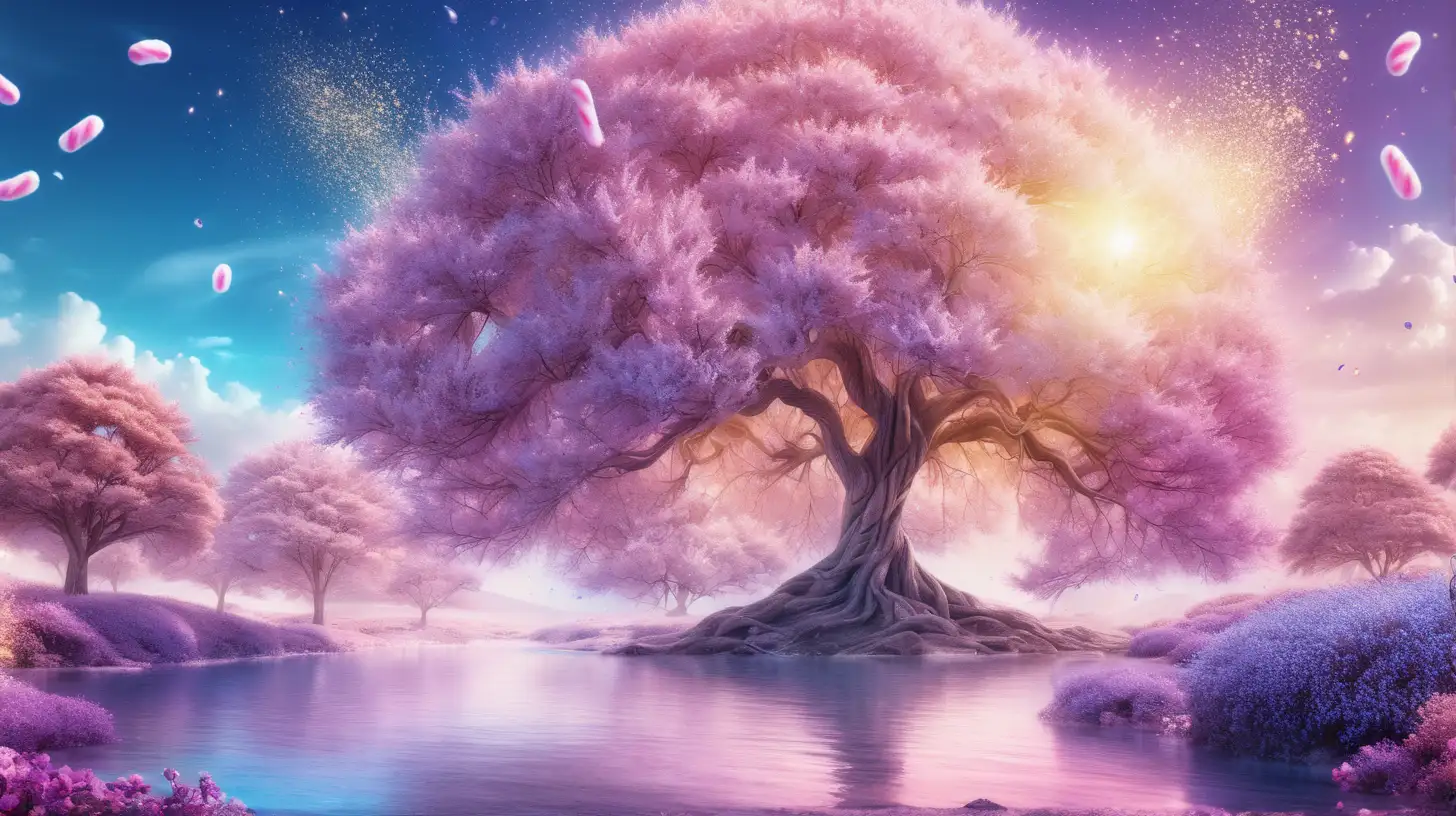 White flaming water and a big purple and pink floral tree, in a dreamy land, surrounded by golden dust and small dark blue flowers. Background sky with golden light. 8k, fantasy, fantasy art. Cotton Candy leaves