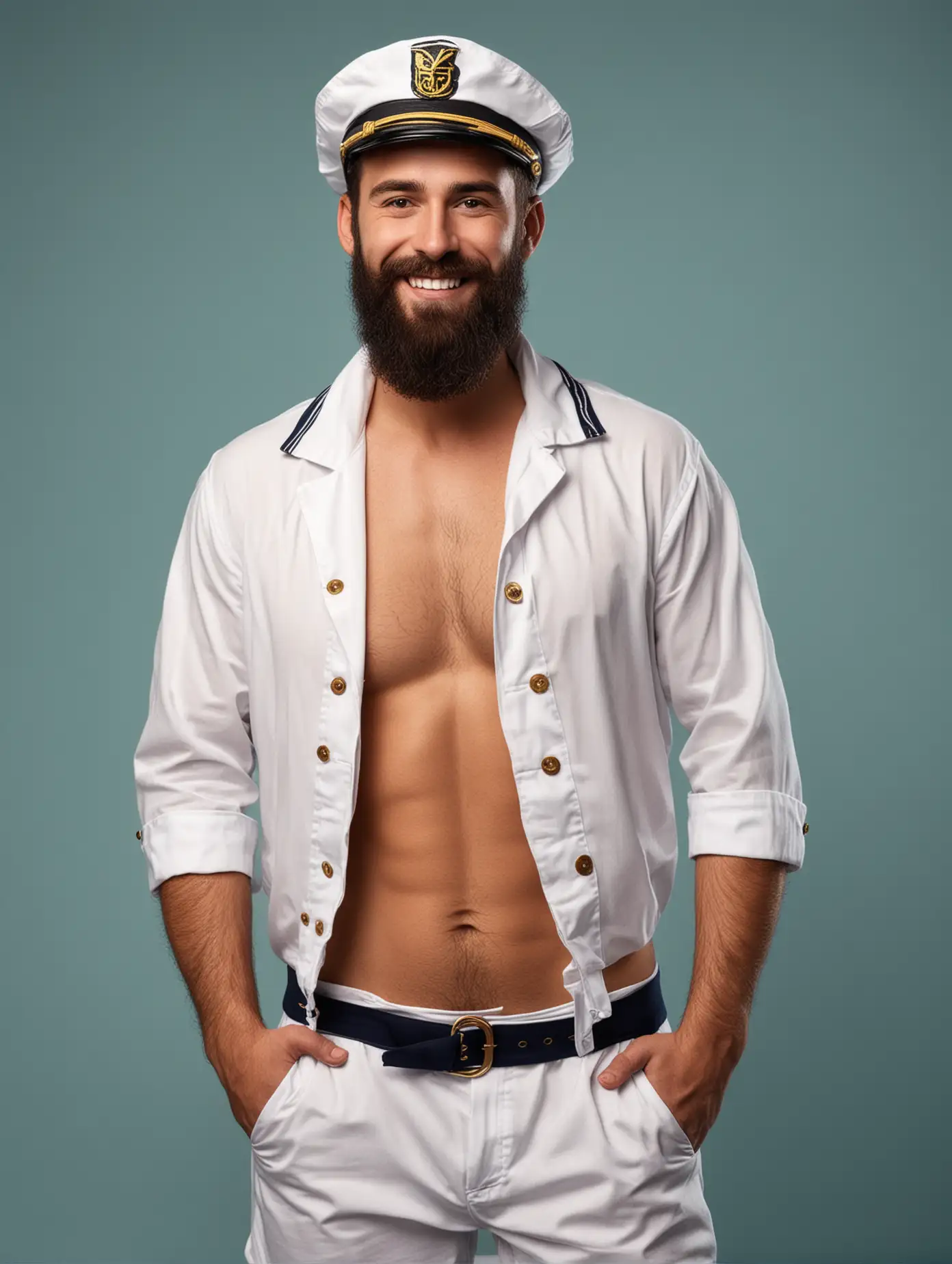 A full body shot of a smiling sexy male sailor with full beard and a sailor cap against a solid color background

