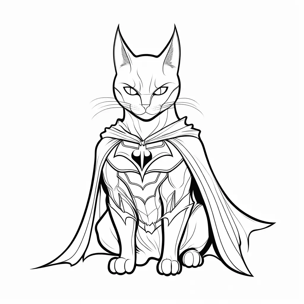 gato con forma de batman, Coloring Page, black and white, line art, white background, Simplicity, Ample White Space. The background of the coloring page is plain white to make it easy for young children to color within the lines. The outlines of all the subjects are easy to distinguish, making it simple for kids to color without too much difficulty
